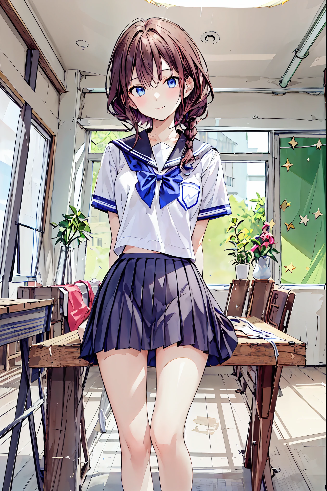1 girl, 中程度の長さのBrown Hair, and enchanting gray-blue eyes that shine like stars , school uniform , White top, Black Skirt , classroom, High Resolution , Ultra-clear, 8k, masterpiece, staring intently at viewers, The depth of the boundary is written , Brown Hair, shortcuts,Messy Hair,Short braided hair,Neat,Slender beauty,Correct posture,Small breasts,Beautiful legs, and enchanting gray-blue eyes that shine like stars ,Droopy eyes,Vibrant colors, beautiful eyes,A delicate smile, Textured Skin, best quality , gentle and beautiful woman , Anime style 、