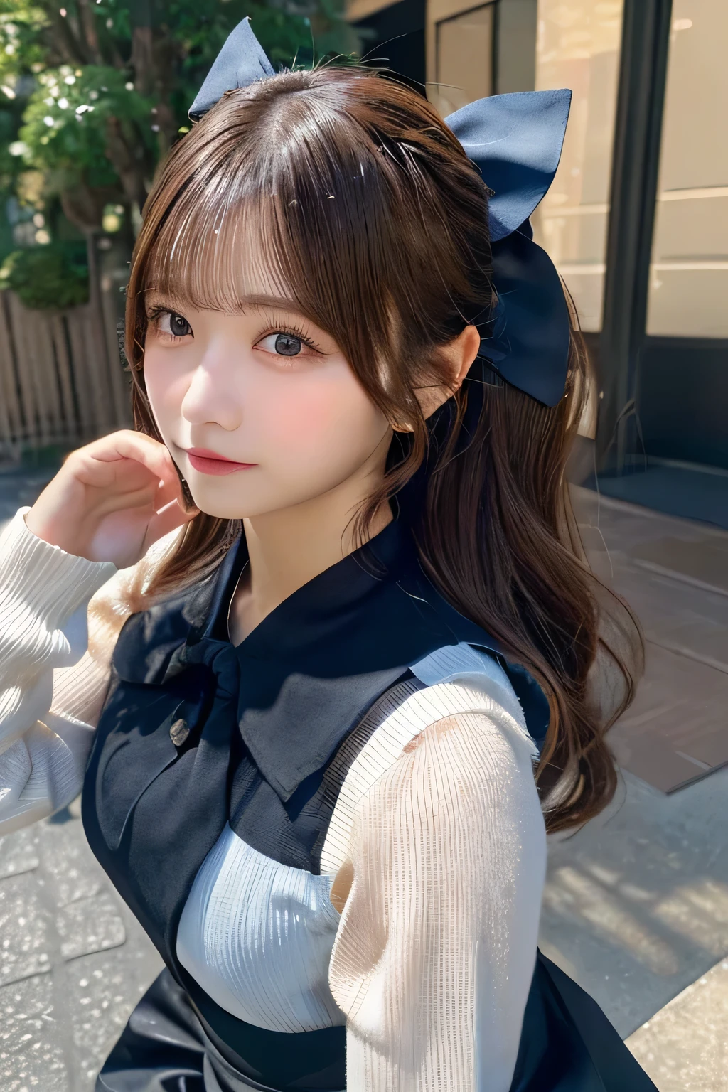 Masterpiece,best quality,high quality,detailed,ultra detailed.4K/8k,Full-HD,high resolution１gitl, medium long hair、Brown Hair、Japanese idol in her 20s 、Plump Cheeks、(bank plate, black skirt, bow, long sleeves, pantyhose, blue shirt, skirt, vest:1.1)