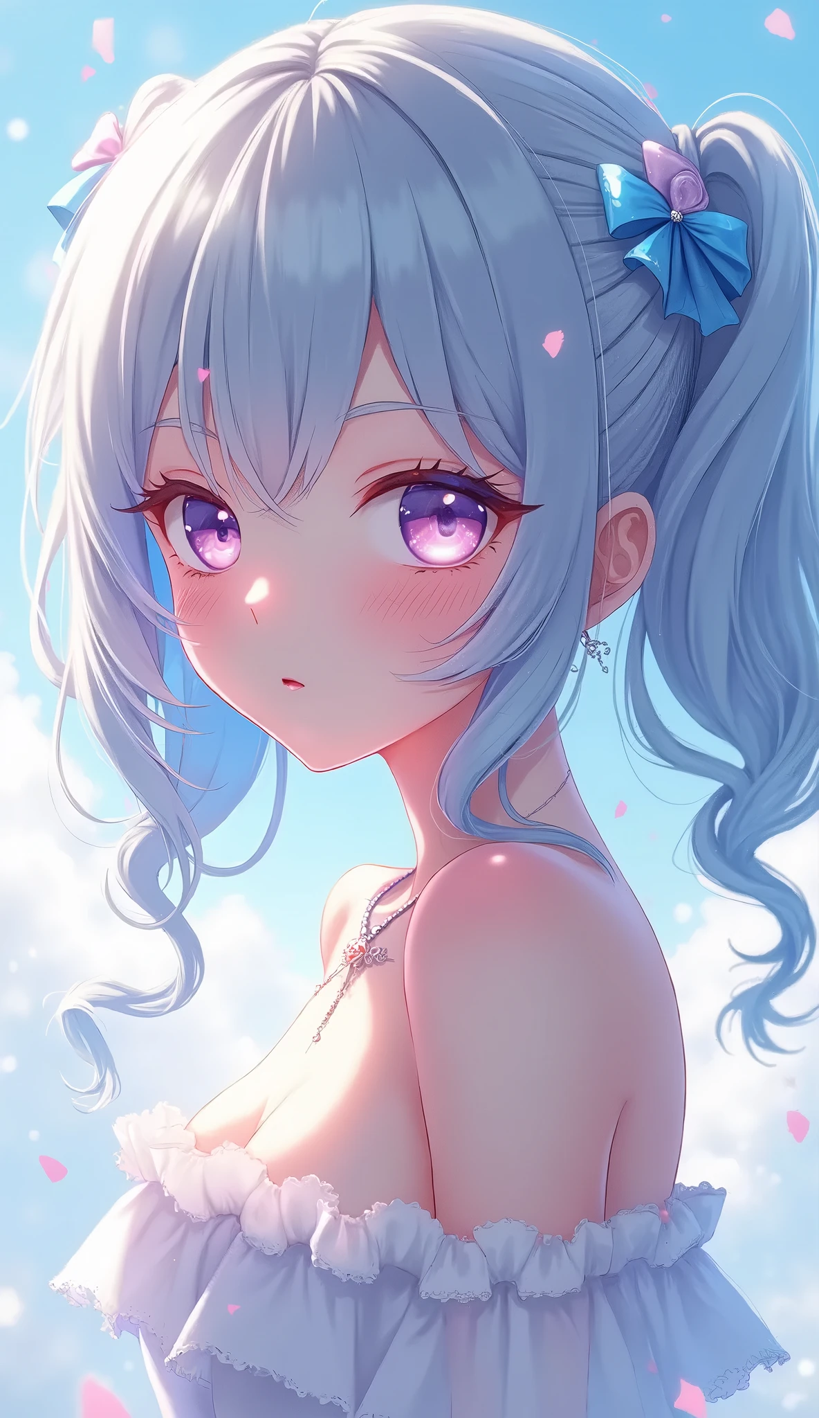 a 22 years old with gradient light blue and pink fluffy hair woman, soft lilac eyes and blue lipstick, messy bangs, freckles, gentle expression, white winter clothing, cotton headband, detailed face, beautiful detailed eyes, beautiful detailed lips, extremely detailed eyes and face, long eyelashes, high quality, 8k, hyper realistic, detailed painting, digital art, vibrant colors, dramatic lighting, cinematic