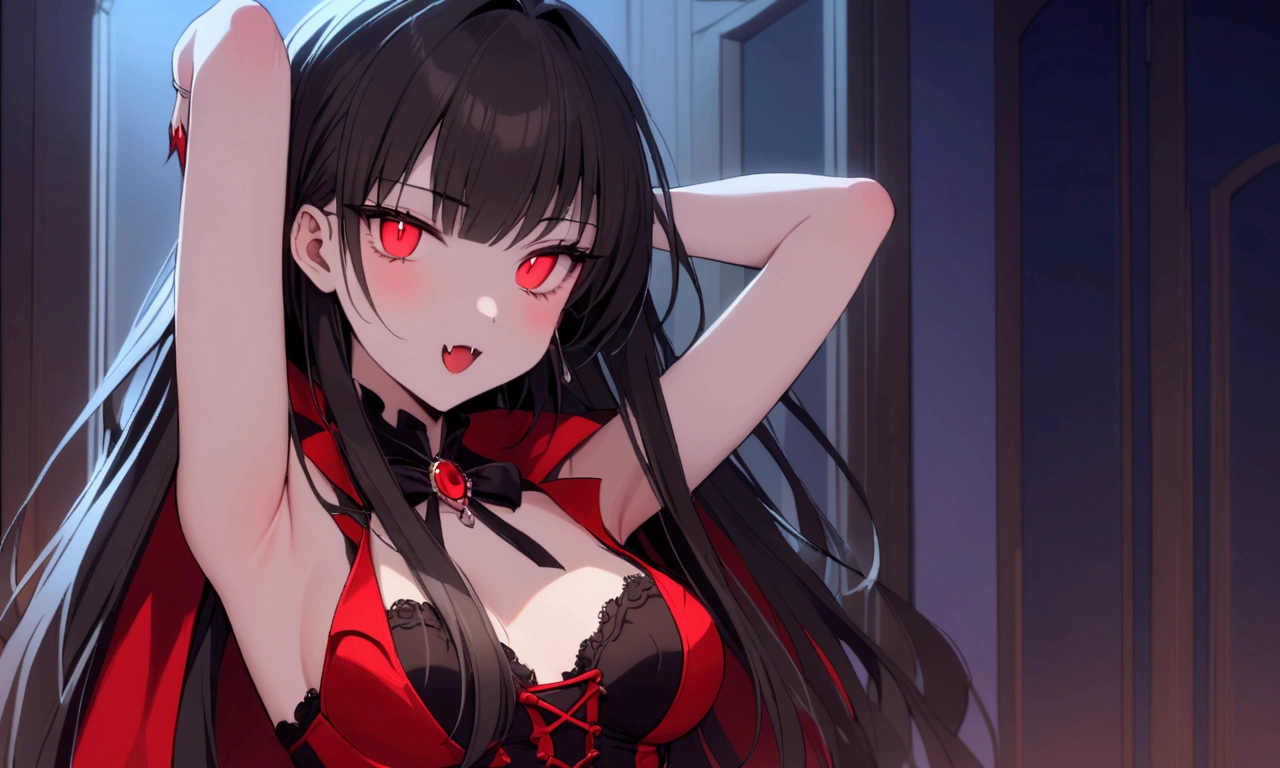 a cute woman (role of Dracula, age 25, sexy vampire outfit, sharp fangs, pale, slick straight hair)m she is in a bedroom with her arms raised menacingly, mesmerizing stare, moonlit night
