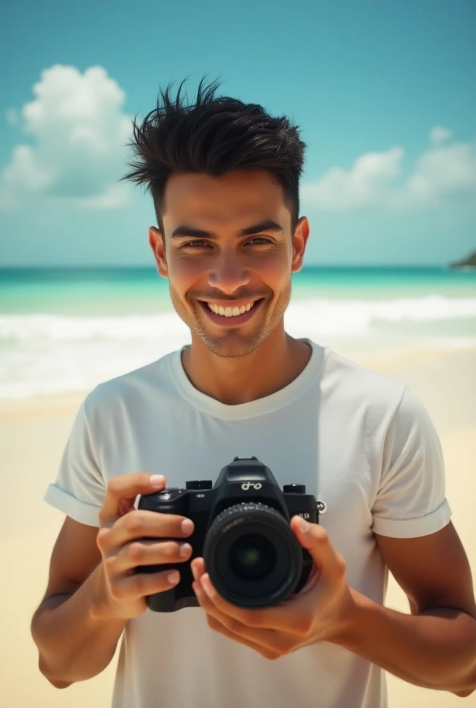 photorealistic, best quality, masterpiece, extremely detailed, sexy, homoerotic, extremely handsome, 20 year old chubby latin man, stocky build, smiling, takes your photo with a DSLR camera, by the pier, extremely romantic atmosphere, perfect face, perfect fingers, perfect hands, perfection