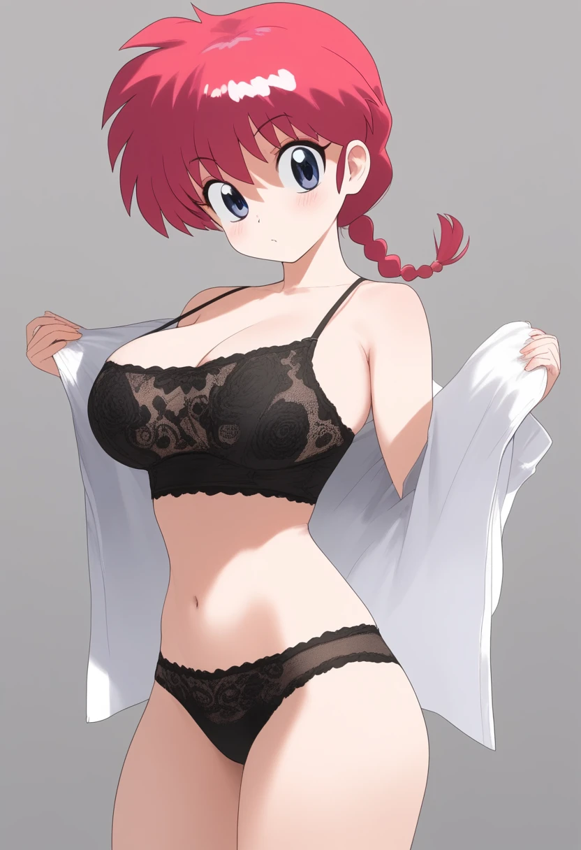 Ranma saotome, Red hair,  Braided hair , blue eyes,  detailed eyes , big breasts, full body, cute and sexy butts, tight black blouse, black crop top,  bare navel , body-hugging clothing, Tanga Sexy, Sexy Media, lingerie, NSFW, muslos gruesos,  big butt, Erotic lingerie, titdrop, taking off her bra, undressing, NSFW