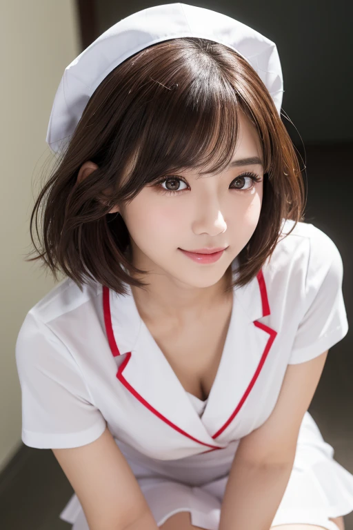 (8k, RAW photo, best quality, masterpiece:1.2), High detail RAW color photo, professional photograph,(realistic, photo realistic:1.2), ((best quality)),HDR, 1girl,18 years old,(cleavage between breasts:1.2), beautiful eyes,smile, japanese idol, extremely pretty, cute, perfect face, fascinating smile, captivating smile, happy smile, Gentle facial expression, looking at the viewer, 1girl, masterpiece,realistic,nsfw, white panties,round big eyes, shiny skin,small nostrils,light makeup, (nurse's attire:1.3), (white nurse_uniform:1.2),short hair,full body, shallow depth of field,