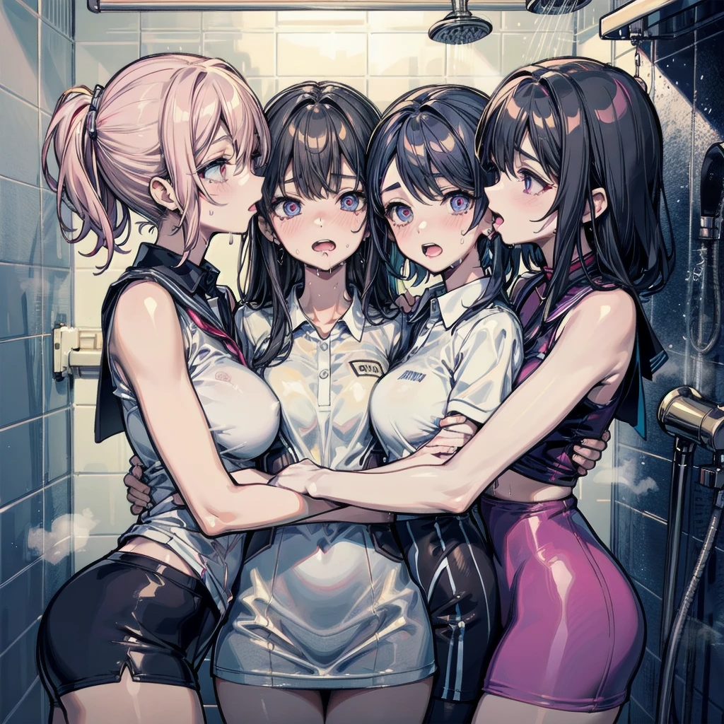 Three muscular girls with different skin tones have a lesbian anal orgy with sweaty, runny noses and armpit sweat.、Bathroom