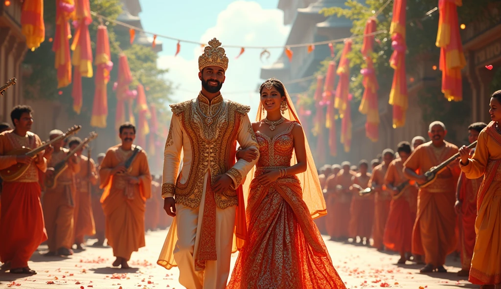 Depict a grand wedding ceremony in an ancient royal palace. Devaki, dressed in traditional bridal attire with intricate jewelry, is being married to Vasudeva, who is also dressed in Indian regal clothing.