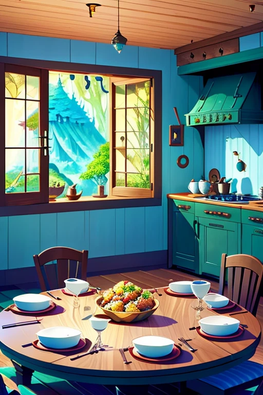 A dining room in a fantasy world、indoor、Delicious looking food、high quality