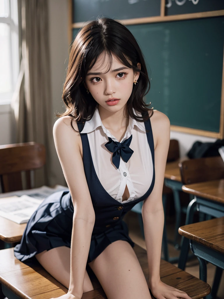 sailor school_uniform, arms behind head, cross-legged, absurdres, RAW photo, extremely delicate and beautiful, masterpiece, Best Quality, ultra high resolution, 32k, hyperrealistic, ultra-detailed, detailed description, pale skin, 20 years old, tearful mole, earring, Colossal tits, short medium hair, wavy hair,