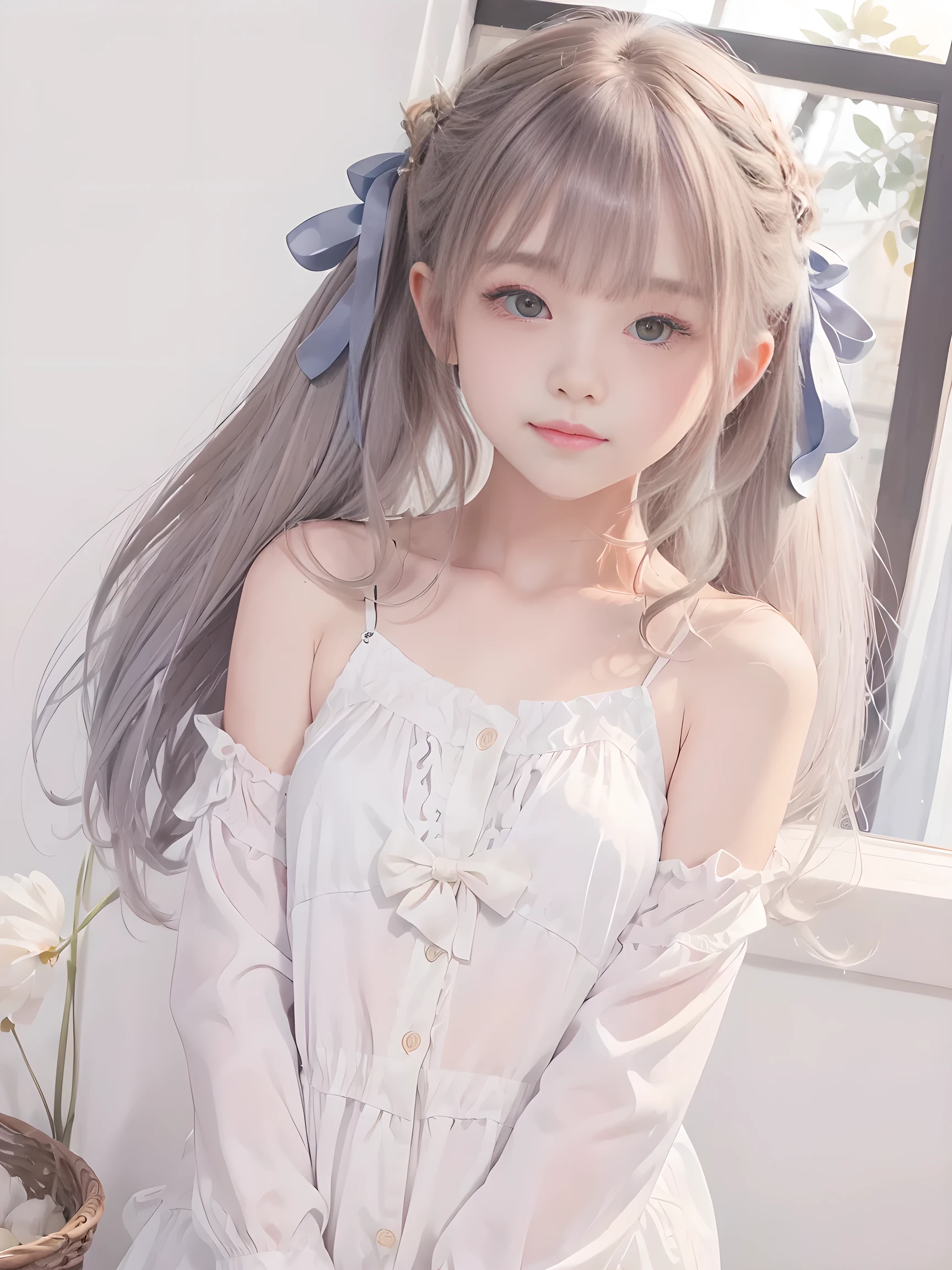 (masterpiece、Best Quality、Best Quality、beautiful, beautiful:1.2)、 simple background、From afar、（Watercolor 1.5）、 curly hair、 half up twin tail、 Hair Ribbon、 1 girl、smile、( fractal art :1.3)、Blonde、Silk camisole、