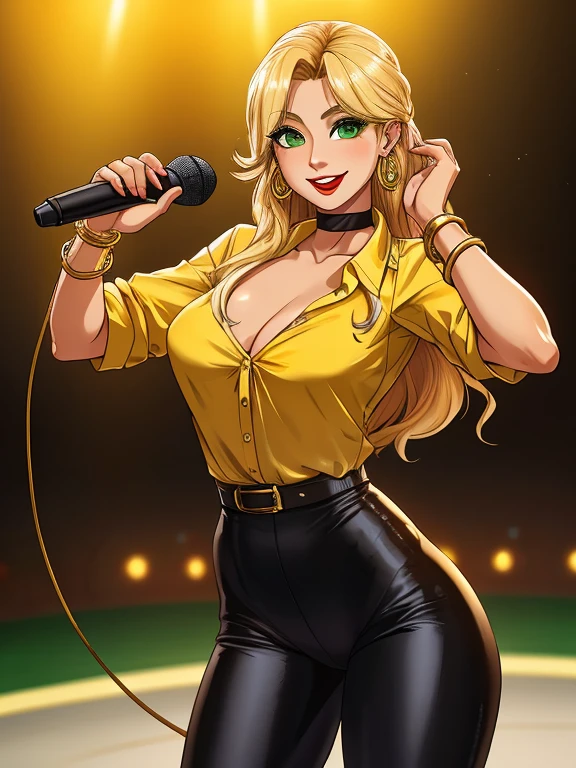 (masterpiece:1.2), best quality, high resolution,  BREAK alluring 36-years-old woman, standing at approximately 5'1" tall, ((slim, petite)), ((Hourglass figure)), medium breasts, tan olive skin, long blonde hair, ((green eyes:1.3)), eyeshadow, mascara, red lipstick, BREAK ((Wearing a yellow blouse, golden bracelets, golden earrings, and tight shiny black leggings)) BREAK She's a sports host, she's holding a microphone, she's looking at the camera with a charming smile,
