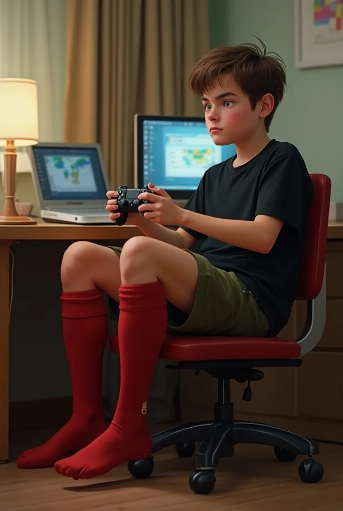 Realistic photo, side view, dorm room, one young white european handsome teen guy with brown short hair, rather chubby, wearing long red soccer loose socks, large olive green shorts, black t-shirt, arrogantly sitting on a chair, legs extended with his red soccer socked feet resting on the desk facing him, animately playing videogame with playstation holding his games console, his socks must be seen