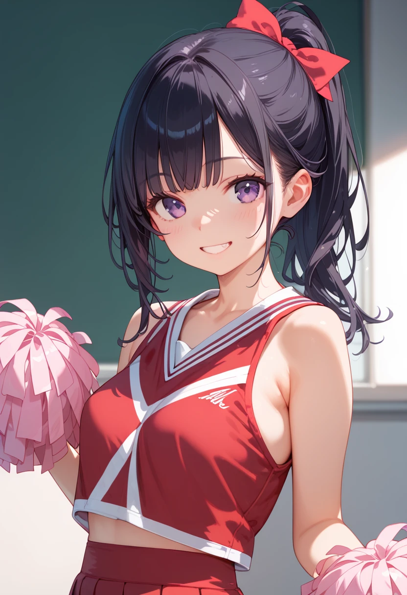 (Best Quality), High school girl, Black Hair,  ponytail on background, smile, Purple Eyes, If you look at this,  High Resolution , Beautiful girl with perfect body , Young face, Medium Breast, Cheerleader, I&#39;m rooting for you, playground, School, outside