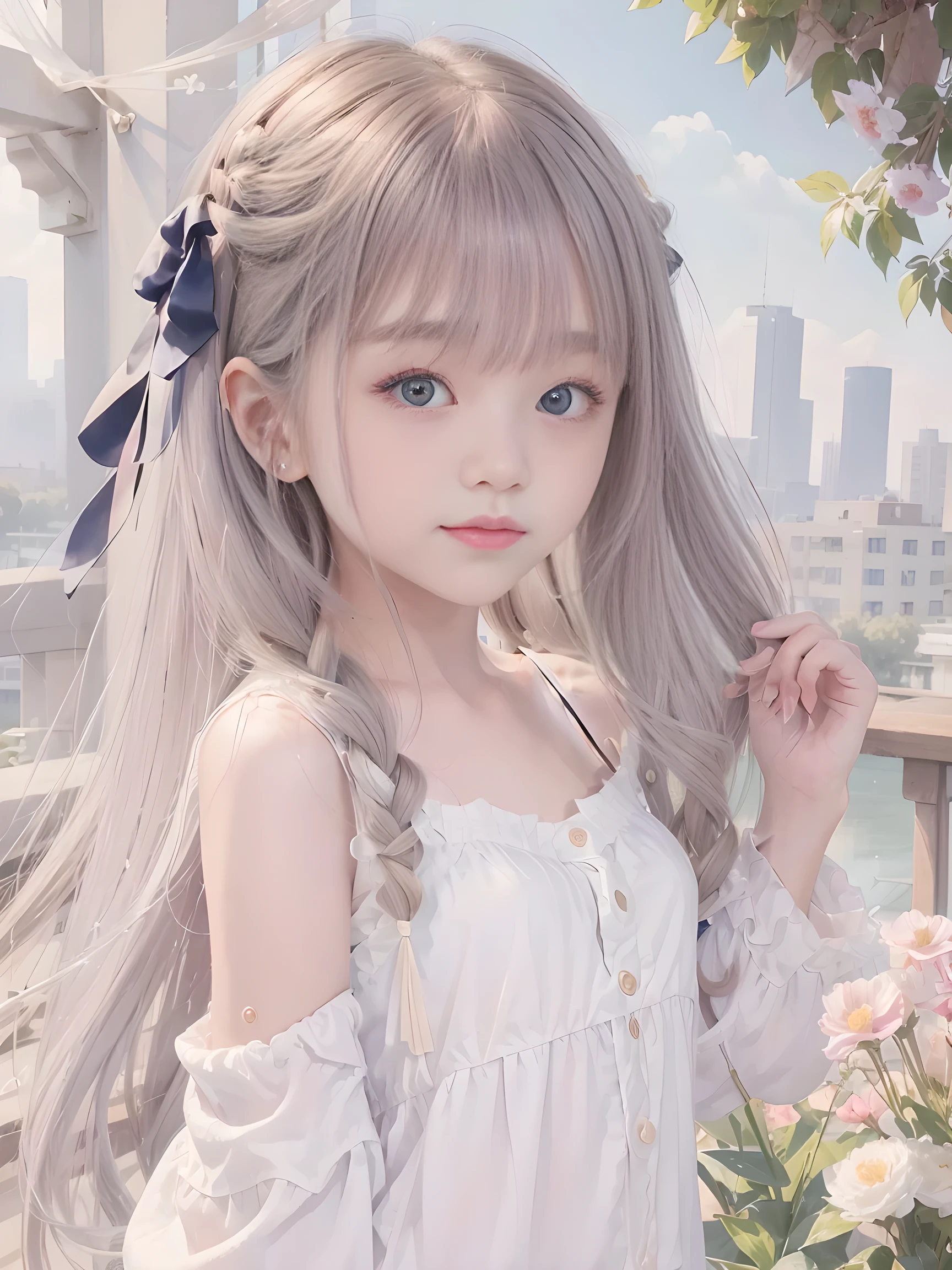 (masterpiece、Best Quality、Best Quality、beautiful, beautiful:1.2)、 simple background、From afar、（Watercolor 1.5）、 curly hair、 half up twin tail、 Hair Ribbon、 1 girl、smile、( fractal art :1.3)、Blonde、Silk camisole、