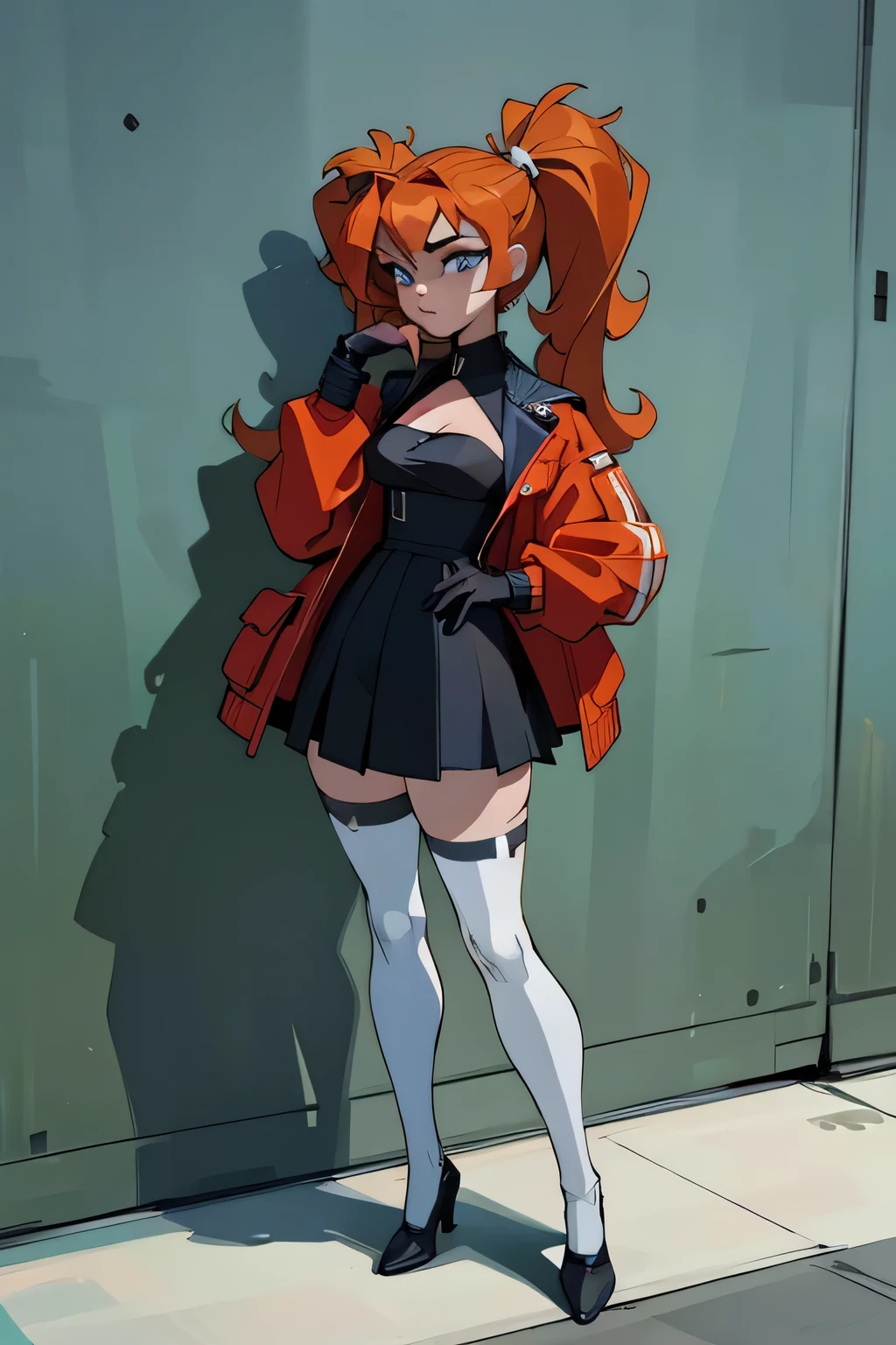 ((masterpiece, best quality)), (8k, best quality), (((best quality))), 1girl, solo, anime style, highly detailed and realistic, good anatomy, photorealistic rendering, a young woman with red pigtails and blue eyes, wearing an unbuttoned red jacket over a black dress, black gloves, and white thigh-high socks. Sunglasses rest on her head. Subtle movement in her hair and jacket, as if a gentle breeze passes by. She stands confidently on a concrete surface with soft shadows, creating a realistic urban setting. The background is simple and indoors with neutral colors. Emphasis on her stylish and modern look, capturing her confident posture, natural proportions, and intricate attire and accessories. Ultra high resolution, perfect anatomy, contemporary style, award-winning illustration, dramatic lighting, hyper-detailed clothing folds, vibrant colors, subtle shadows, score_9, score_8_up, score_7_up, score_6_up, score_5_up, score_4_up, (anime_source), A highly detailed and realistic 3D model of a young woman standing confidently in front of an orange wall. She has red hair styled in pigtails and blue eyes. She is wearing an unbuttoned red jacket over a black dress, black gloves, and white thigh-high socks. She has a pair of sunglasses resting on her head. The model should include subtle movement in her hair and the fabric of her jacket, as if a gentle breeze were passing by. The scene is set on a concrete surface with shadows cast on the ground, providing a realistic urban setting. The background should be simple and indoors with neutral colors. The model should be photorealistic and highly detailed, showing the character's stylish and modern look. Make sure the model captures her confident posture and natural proportions, with special attention to detailed attire and accessories,