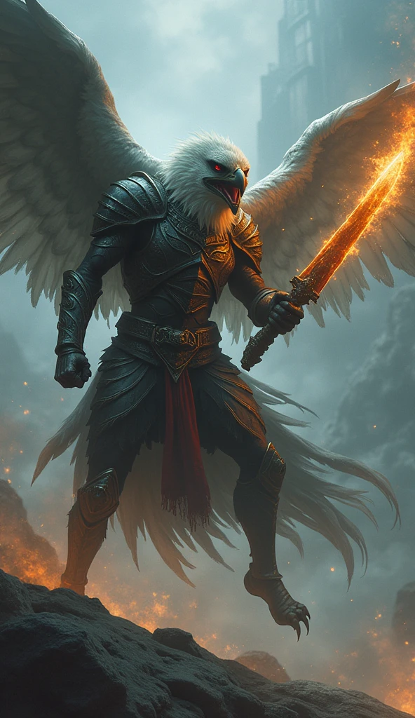 Eagle, comic book style, illustration, solo, ferocious, male, [[masculine pose]], leather outfit, exposed midriff, thin, jacket, wielding spear, forest, masterpiece, best art, full body, by laobai, by taran fiddler, by honovy, detailed eyes, detailed body, claws, masculine body shape, tall, topless, pecs, abs, nipples,