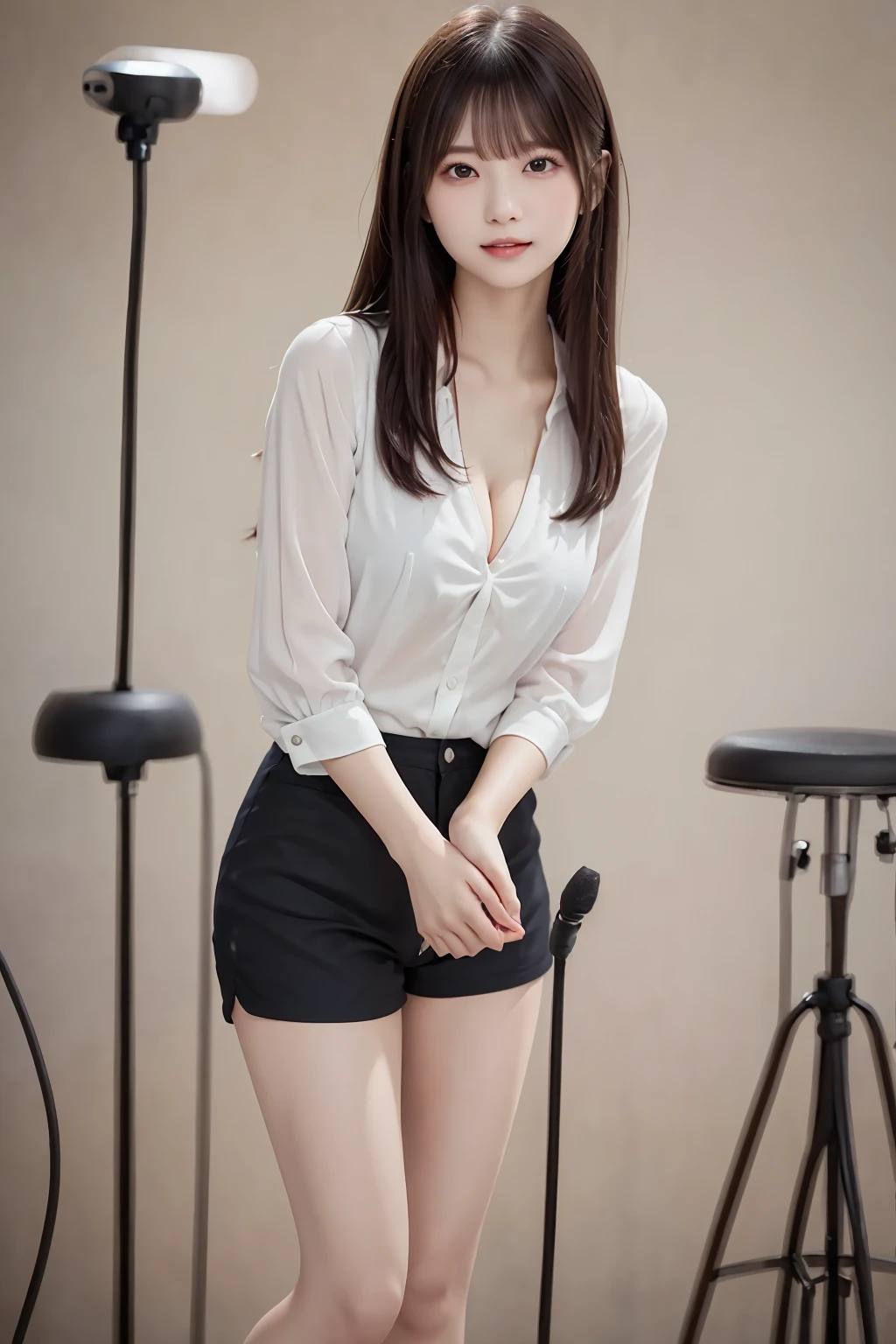 (Thin blouse : 1.5),Super mini shorts、Complex and beautiful eyes、woman、(Bare legs, Beautiful legs : 1.5)、(stand up : 2.0)、Womanly black hair、(Delicate and realistic hair、1 bottle１Realistic hair)、bangs、Natural Color Lip、smile、(White indoor : 1.5)、indoor、((18歳woman:1.2))、Young and adorable Japanese face, Official Art，Highly detailed CG Unity 8k wallpaper，（masterpiece:1.0),(Best Quality:1.0), 超High resolution,4K,Very detailed, photo shoot, 8k, nffsw, High resolution, Kodak Portrait 400, Film Grain, Lens flare glow,高いest quality,8k,nffsw:1.2),Portrait Shot,8k、Show Viewer, (((Front View))), ((Facing))、Body facing forward、Bold cleavage、Firm breasts、Small face, Highest quality、Super beautiful images, yellow race