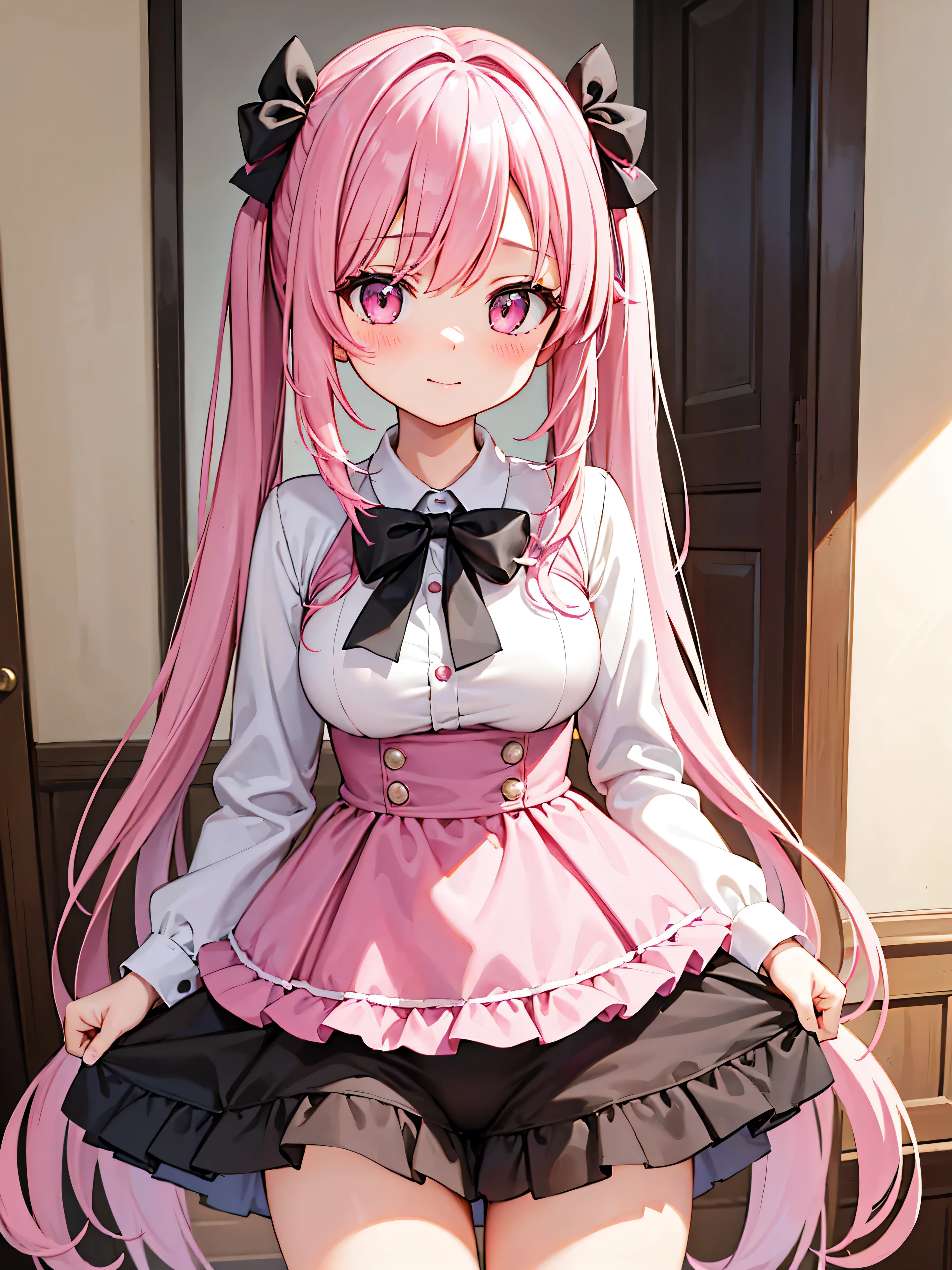 Highly detailed, high quality, masterpiece, beautiful, (all photo shooting), girl student, mine, akame ga kill, perfect eyes, pink eyes, clear eyes, blushing face, happy face, big thighs, medium breast, long hair, two long pigtails, pink hair, pink bow, pink long dress, sexy, full panties, background image in a room