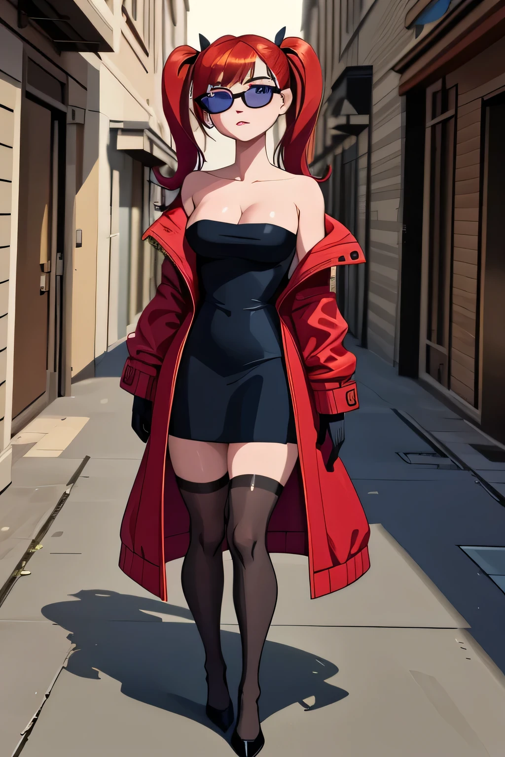 ((masterpiece, best quality)), (8k, best quality), (((best quality))), 1girl, solo, anime style, highly detailed and realistic, good anatomy, photorealistic rendering, a young woman with red pigtails and blue eyes, wearing an unbuttoned red jacket over a black dress, black gloves, and white thigh-high socks. Sunglasses rest on her head. Subtle movement in her hair and jacket, as if a gentle breeze passes by. She stands confidently on a concrete surface with soft shadows, creating a realistic urban setting. The background is simple and indoors with neutral colors. Emphasis on her stylish and modern look, capturing her confident posture, natural proportions, and intricate attire and accessories. Ultra high resolution, perfect anatomy, contemporary style, award-winning illustration, dramatic lighting, hyper-detailed clothing folds, vibrant colors, subtle shadows, score_9, score_8_up, score_7_up, score_6_up, score_5_up, score_4_up, (anime_source), A highly detailed and realistic 3D model of a young woman standing confidently in front of an orange wall. She has red hair styled in pigtails and blue eyes. She is wearing an unbuttoned red jacket over a black dress, black gloves, and white thigh-high socks. She has a pair of sunglasses resting on her head. The model should include subtle movement in her hair and the fabric of her jacket, as if a gentle breeze were passing by. The scene is set on a concrete surface with shadows cast on the ground, providing a realistic urban setting. The background should be simple and indoors with neutral colors. The model should be photorealistic and highly detailed, showing the character's stylish and modern look. Make sure the model captures her confident posture and natural proportions, with special attention to detailed attire and accessories,