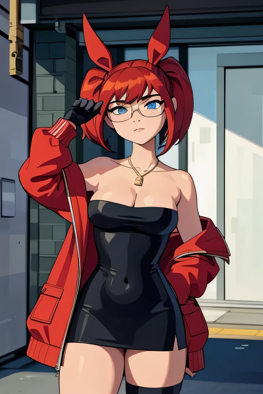 ((masterpiece, best quality)), (8k, best quality), (((best quality))), 1girl, solo, anime style, highly detailed and realistic, good anatomy, photorealistic rendering, a young woman with red pigtails and blue eyes, wearing an unbuttoned red jacket over a black dress, black gloves, and white thigh-high socks. Sunglasses rest on her head. Subtle movement in her hair and jacket, as if a gentle breeze passes by. She stands confidently on a concrete surface with soft shadows, creating a realistic urban setting. The background is simple and indoors with neutral colors. Emphasis on her stylish and modern look, capturing her confident posture, natural proportions, and intricate attire and accessories. Ultra high resolution, perfect anatomy, contemporary style, award-winning illustration, dramatic lighting, hyper-detailed clothing folds, vibrant colors, subtle shadows((masterpiece, best quality)), (8k, best quality), (((best quality))), MylesPrower, Miles Prower, ((good anatomy)), A highly detailed and realistic 3D model of a young woman standing confidently in front of an orange wall. She has red hair styled in pigtails and blue eyes. She is wearing an unbuttoned red jacket over a black dress, black gloves, and white thigh-high socks. She has a pair of sunglasses resting on her head. The model should include subtle movement in her hair and the fabric of her jacket, as if a gentle breeze were passing by. The scene is set on a concrete surface with shadows cast on the ground, providing a realistic urban setting. The background should be simple and indoors with neutral colors. The model should be photorealistic and highly detailed, showing the character's stylish and modern look. Make sure the model captures her confident posture and natural proportions, with special attention to detailed attire and accessories, score_9, score_8_up, score_7_up, score_6_up, score_5_up, score_4_up, ( anime_source ), breasts supported by clothing, cleavage, collarbone, medium breasts, strapless,