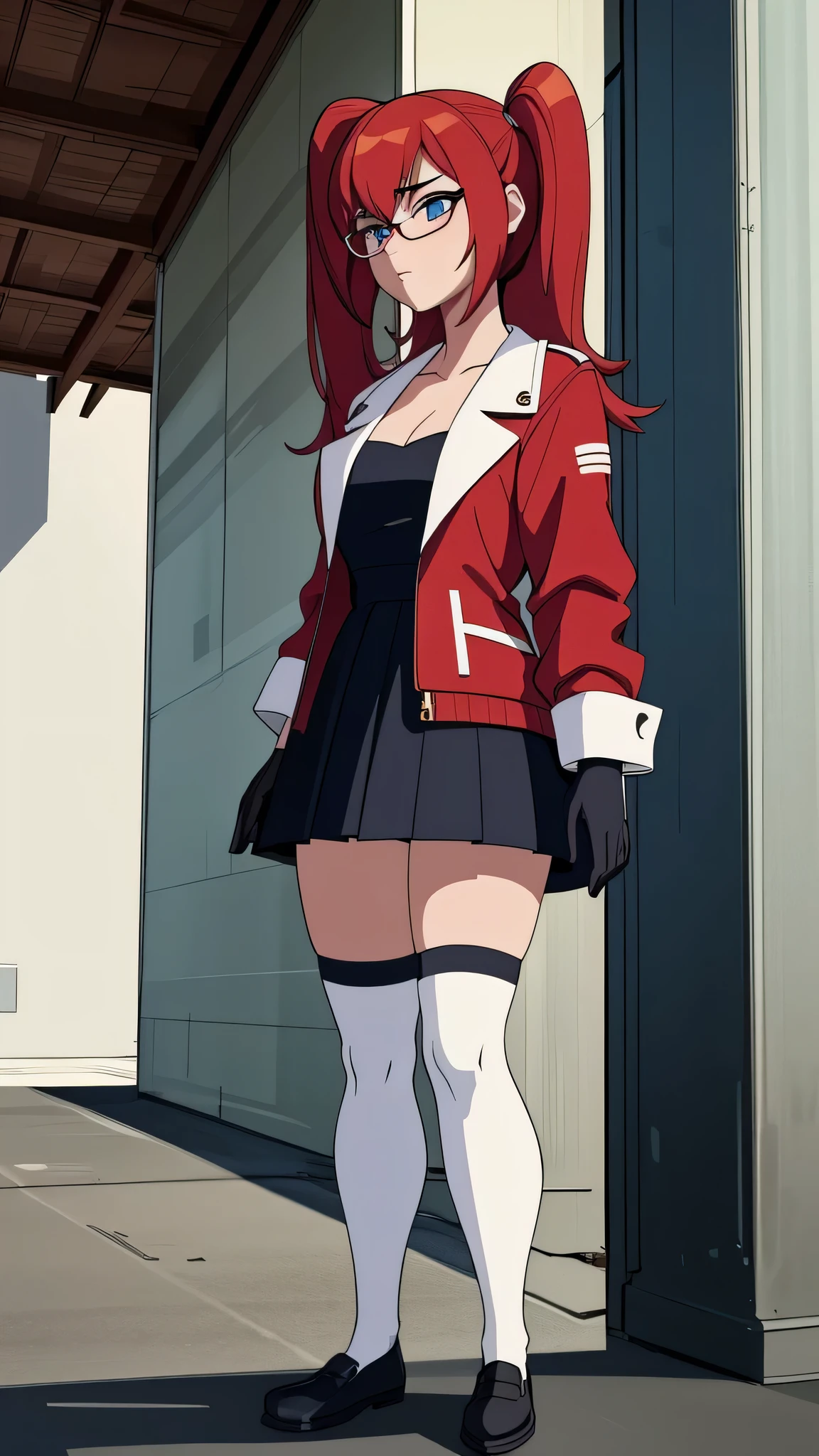 ((masterpiece, best quality)), (8k, best quality), (((best quality))), 1girl, solo, anime style, highly detailed and realistic, good anatomy, photorealistic rendering, a young woman with red pigtails and blue eyes, wearing an unbuttoned red jacket over a black dress, black gloves, and white thigh-high socks. Sunglasses rest on her head. Subtle movement in her hair and jacket, as if a gentle breeze passes by. She stands confidently on a concrete surface with soft shadows, creating a realistic urban setting. The background is simple and indoors with neutral colors. Emphasis on her stylish and modern look, capturing her confident posture, natural proportions, and intricate attire and accessories. Ultra high resolution, perfect anatomy, contemporary style, award-winning illustration, dramatic lighting, hyper-detailed clothing folds, vibrant colors, subtle shadows, score_9, score_8_up, score_7_up, score_6_up, score_5_up, score_4_up, (anime_source)