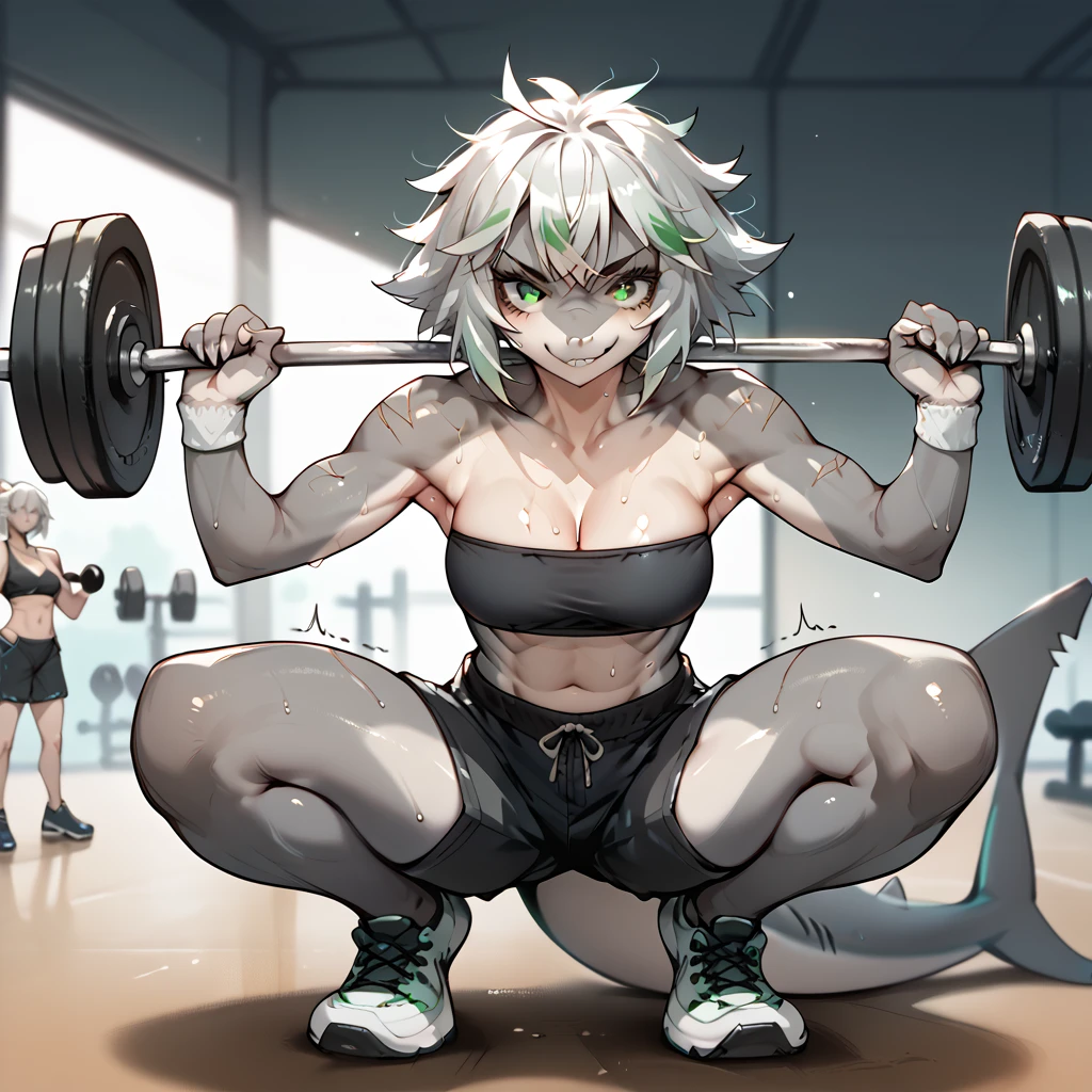 Score_9, score_8, score_7, source_anime, Anthro, jade, Anthro shark, grey skin, Slender body, white hair with green ends, green eyes, wearing a black bandeau and a shorts, squat pose, gym,(Barbell:1.1),GYM WEIGHTS, exercises for lifting barbells, SWEAT,SWEATING DROPPING, front view, DEEP OF FIELD,(HUGE weightlifting:1.2) ,(HUGE WEIGHTS:1.2),ARMPITS,TREMBLING,(TREMBLING LINES),MOTION LINES,SMUG,