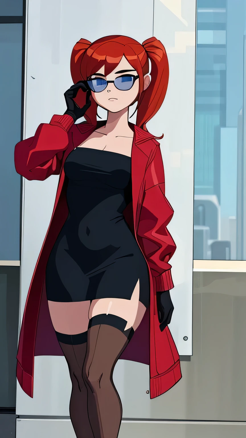 ((masterpiece, best quality)), (8k, best quality), (((best quality))), MylesPrower, Miles Prower, ((good anatomy)), A highly detailed and realistic 3D model of a young woman standing confidently in front of an orange wall. She has red hair styled in pigtails and blue eyes. She is wearing an unbuttoned red jacket over a black dress, black gloves, and black thigh-high socks. She has a pair of sunglasses resting on her head. The model should include subtle movement in her hair and the fabric of her jacket, as if a gentle breeze were passing by. The scene is set on a concrete surface with shadows cast on the ground, providing a realistic urban setting. The background should be simple and indoors with neutral colors. The model should be photorealistic and highly detailed, showing the character's stylish and modern look. Make sure the model captures her confident posture and natural proportions, with special attention to the details of the outfit, score_9, score_8_up, score_7_up, score_6_up, score_5_up, score_4_up, (anime_source), ((masterpiece, best quality)), (8k, best quality), (((best quality))), 1girl, solo, anime style, highly detailed and realistic, good anatomy, photorealistic rendering, a young woman with red pigtails and blue eyes, wearing an unbuttoned red jacket over a black dress, black gloves, and white thigh-high socks. Sunglasses rest on her head. Subtle movement in her hair and jacket, as if a gentle breeze passes by. She stands confidently on a concrete surface with soft shadows, creating a realistic urban setting. The background is simple and indoors with neutral colors. Emphasis on her stylish and modern look, capturing her confident posture, natural proportions, and intricate attire and accessories. Ultra high resolution, perfect anatomy, contemporary style, award-winning illustration, dramatic lighting, hyper-detailed clothing folds, vibrant colors, subtle shadows, score_9, score_8_up, score_7_up, score_6_up, score_5_up, score_4_up, (anime_source),