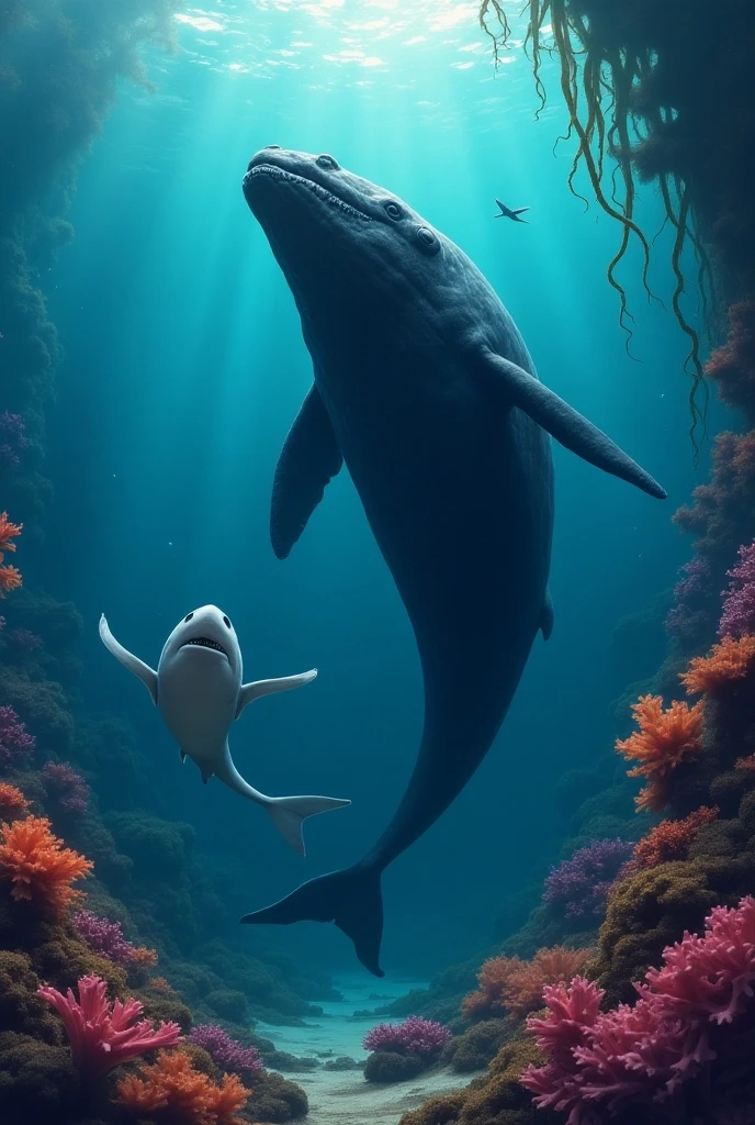Divers swim with giant whales，A diver and a sperm whale swimming leisurely in the sea，A giant whale swims gracefully by，Water splash，Life coexistence，Continuous ocean background，Atmosphere，Impressionist style，Bright tones