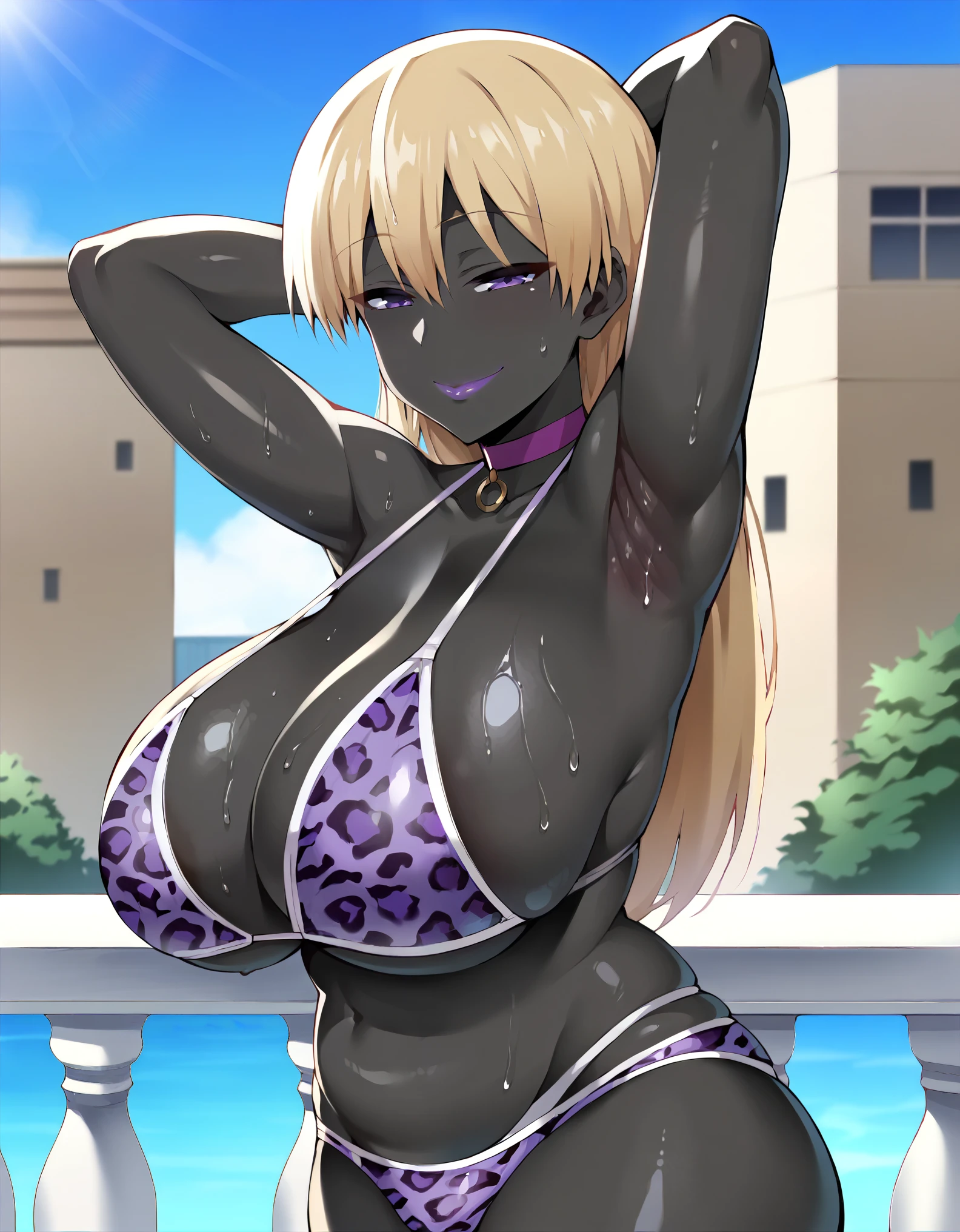 masterpiece, score_9, score_8_up, score_7_up, 1girl, milf, solo, (colored skin, black skin:1.8), plump, uzaki hana, (large breasts:1.9), (((blonde hair), long hair, bangs, sidelocks, purple eyes, half-closed eyes)), purple lips, ((choker, bare shoulders, purple leopard print bikini, panties)), ((naughty smile), closed mouth), ((sweaty, arms behind head, balcony))