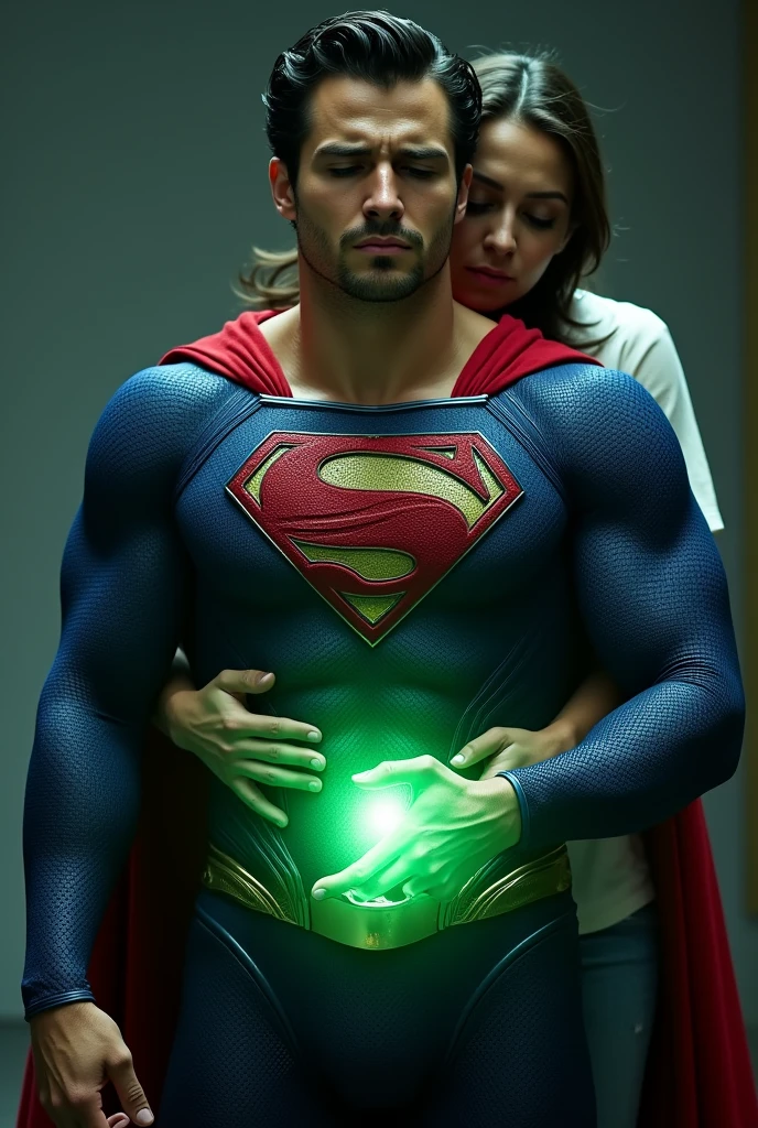 uhd, masterpiece, textured skin, super detail, high details, 8k, \(a muscular Nicholas Alexander Chavez with a short beard and short dark hair, dressed in a blue Superman costume with gold details, in his early 30s, with a small beard. He has a expression of despair and pain. He appears weak and in pain, with his mouth slightly open and his eyes closed, right arm stretched out in front, left hand on abdomen, expression of despair and pain, front\)Woman hugging from behind, her hands glowing with green magical energy