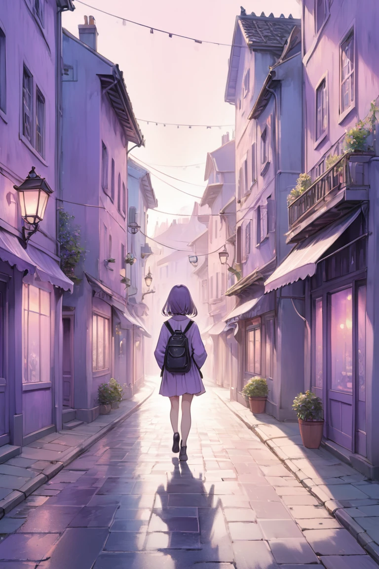 masterpiece, best quality, 8k, highres, ultra-detailed,HDR, UHD, studio lighting,Low Fidelity art. ,pastel,A peaceful night street illuminated by soft purple streetlights. A person is walking down a quiet road, with old buildings lining the street in the background. The windows have a bluish tint, and neon signs flicker faintly in the distance. The shadow of the person on the pavement is tinged with soft pink hues, creating a nostalgic atmosphere. The person, drawn with simple lines and soft colors, walks calmly, appearing relaxed. The dominant tone is a muted purple, blending into the retro-style, hand-drawn background, creating a serene, quiet mood.
