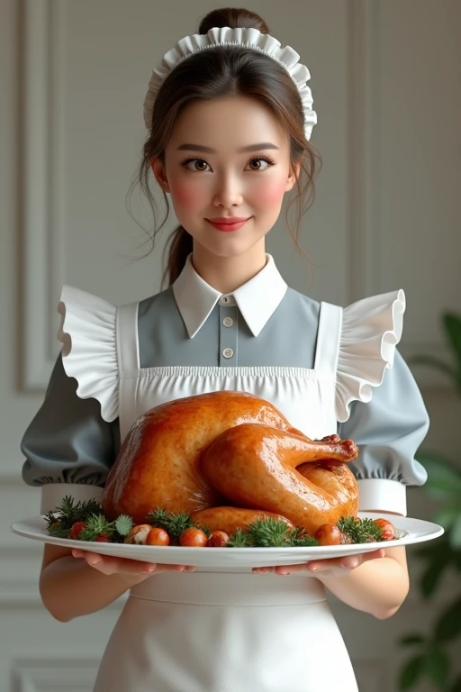 (Best quality, 8k, 32k, raw photo, photorealistic, UHD:1.2),lifelike rendering, (upper body portrait:1.2),maid ,holding a dish ,Delicious roasted turkey on the dish,
(ultimate quality, masterpiece, highres:1.0), (photorealistic, realistic:1.9),