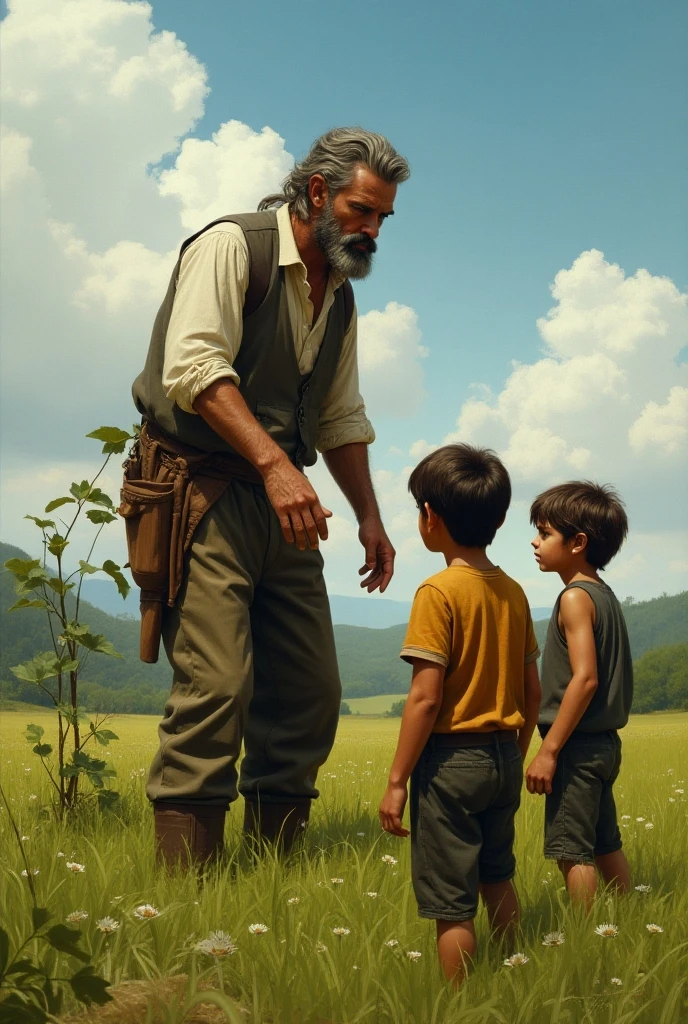 A boy finding the the watch, the owner of watch is poor farmer and he is standing near the boy