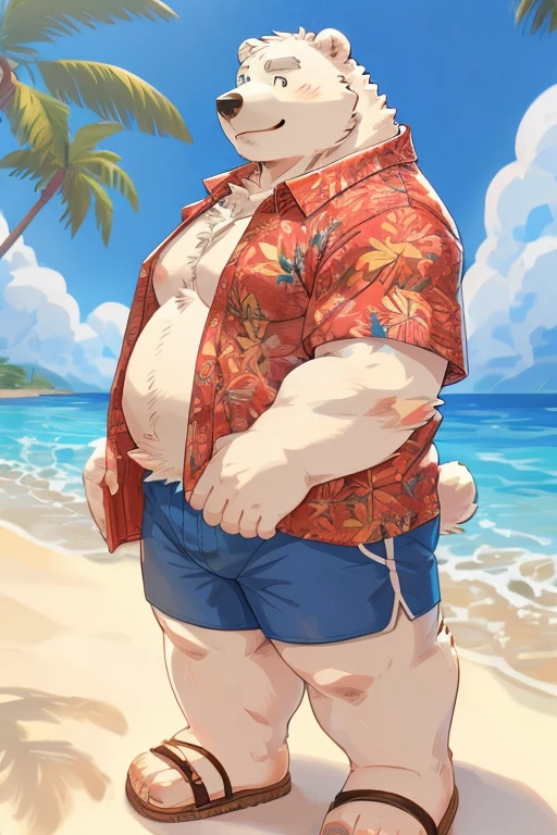 Gained weight、Being overweight、Bear Beast Man、 Brown Eyes 、Polar bear、fur、Fluffy、cute（Short）(sandy beach and palm tree background ）（Standing posture、Aloha Shirt、Shorts、Sandals）(From the side)