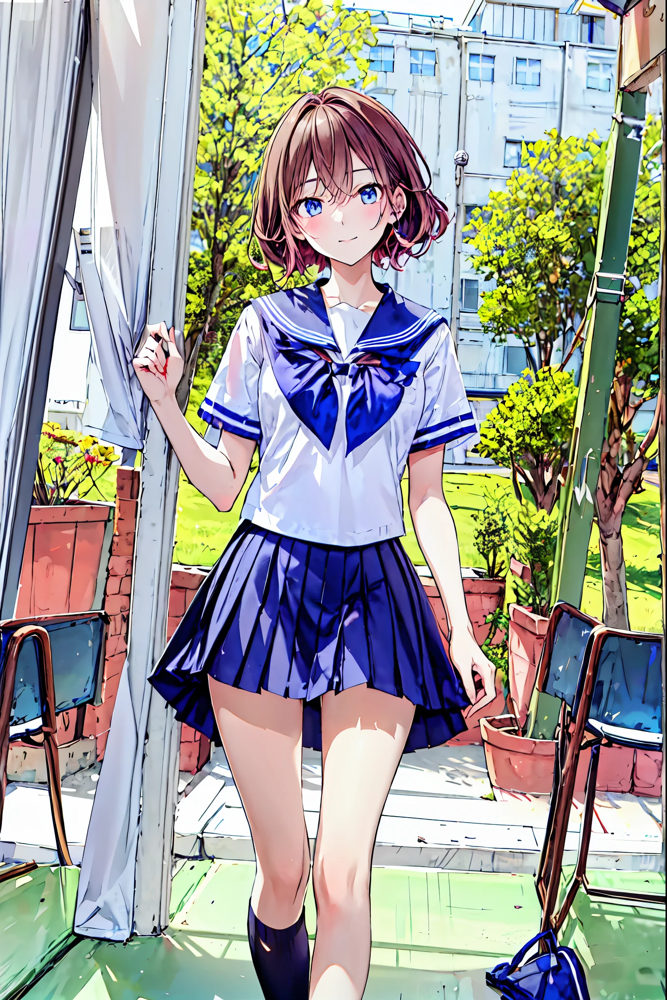  1 girl, 中程度の長さのBrown Hair,    and enchanting gray-blue eyes that shine like stars ,     school uniform , White top,   Black Skirt  , classroom,   High Resolution  , Ultra-clear, 8k, masterpiece,    staring intently at viewers，  The depth of the boundary is written , Brown Hair，  shortcuts，Messy Hair，Short braided hair，Neat，Slender beauty，Correct posture，Small breasts，Beautiful legs，   and enchanting gray-blue eyes that shine like stars ，Droopy eyes，Vibrant colors,  beautiful eyes,A delicate smile, Textured Skin,  best quality ,  gentle and beautiful woman  , Anime style ､