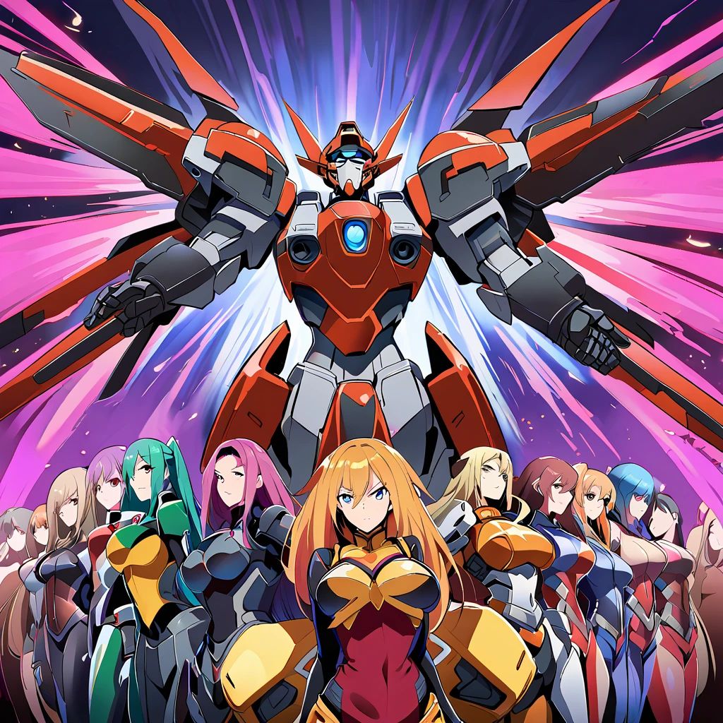 Anime, high detailed, multiple womans, mature womans, shiny-like mecha armor, large mechanical wings, large Gauntlet, serious, curvy body, long mechanical wings, mecha weapons、Colored armors、magenta Colored aura、BLUE Eyes, elongated pupils,  Mature Woman、magenta aura、womans surrounding, background a crumbled city