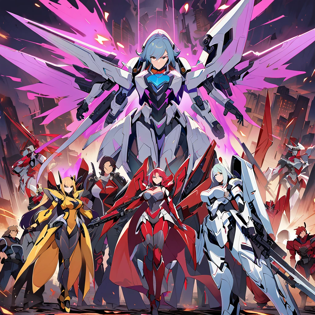 Anime, high detailed, multiple womans, mature womans, shiny-like mecha armor, large mechanical wings, large Gauntlet, serious, curvy body, long mechanical wings, mecha weapons、Colored armors、magenta Colored aura、BLUE Eyes, elongated pupils,  Mature Woman、magenta aura、womans surrounding, background a crumbled city