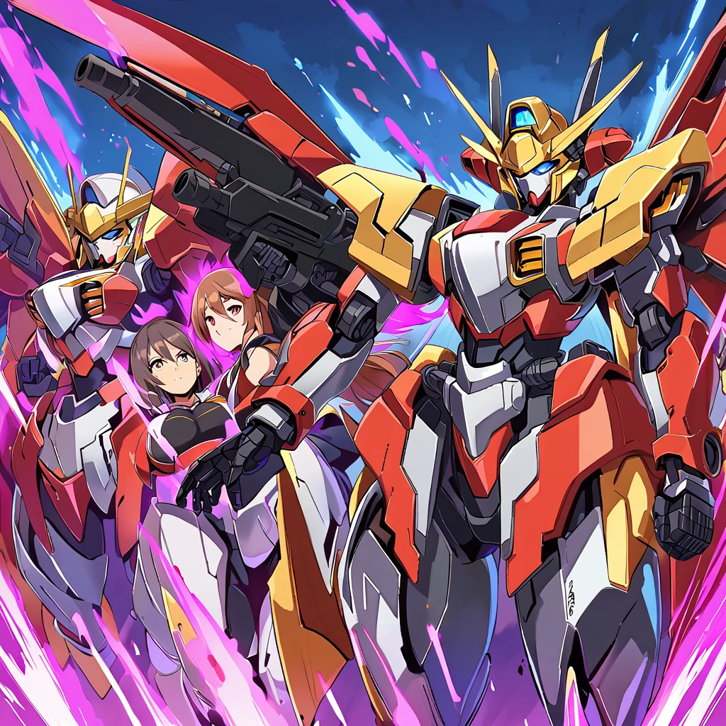 Anime, high detailed, multiple womans, mature womans, shiny-like mecha armor, large mechanical wings, large Gauntlet, serious, curvy body, long mechanical wings, mecha weapons、Colored armors、magenta Colored aura、BLUE Eyes, elongated pupils,  Mature Woman、magenta aura、womans surrounding, background a crumbled city