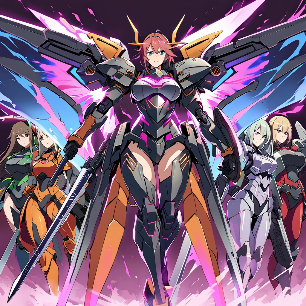 Anime, high detailed, multiple womans, mature womans, shiny-like mecha armor, large mechanical wings, large Gauntlet, serious, curvy body, long mechanical wings, mecha weapons、Colored armors、magenta Colored aura、BLUE Eyes, elongated pupils,  Mature Woman、magenta aura、womans surrounding, background a crumbled city