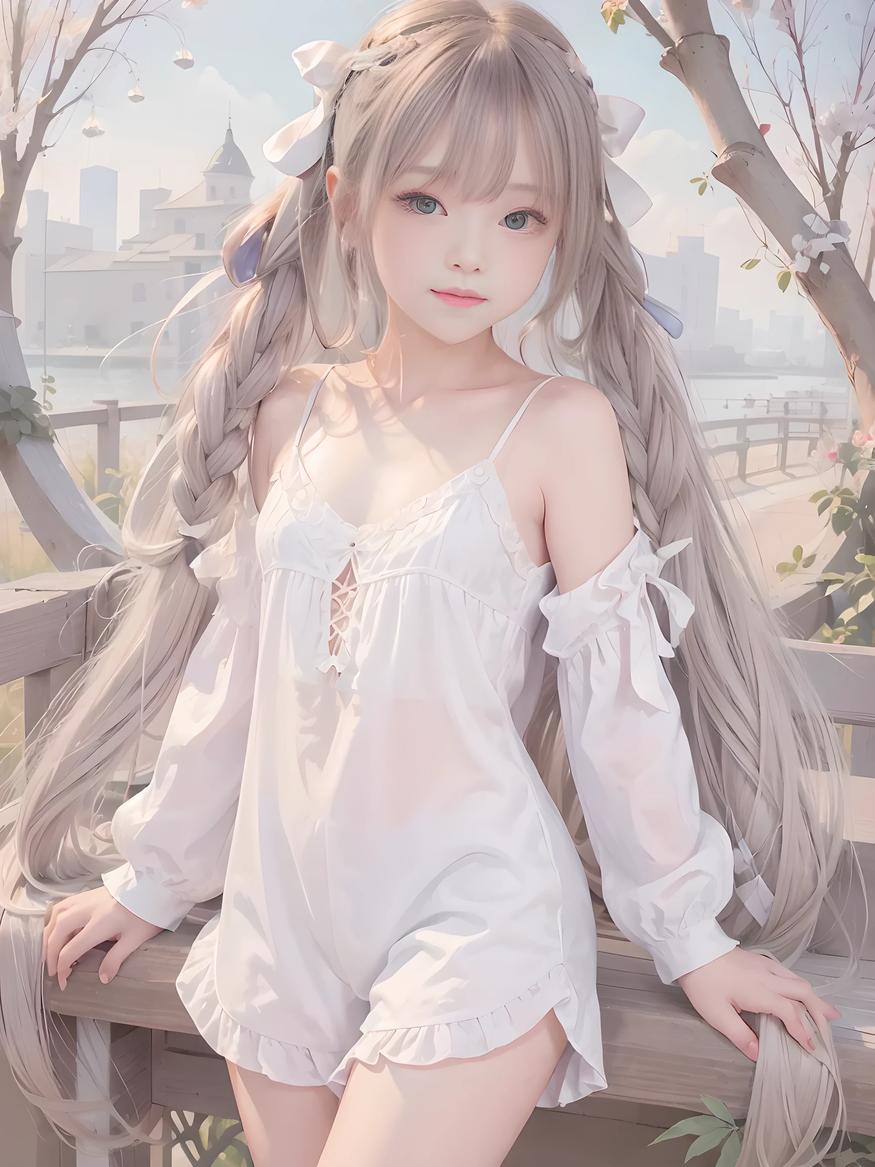 (masterpiece、Best Quality、Best Quality、beautiful, beautiful:1.2)、 simple background、From afar、（Watercolor 1.5）、 curly hair、 half up twin tail、 Hair Ribbon、 1 girl、smile、( fractal art :1.3)、Blonde、Silk camisole、