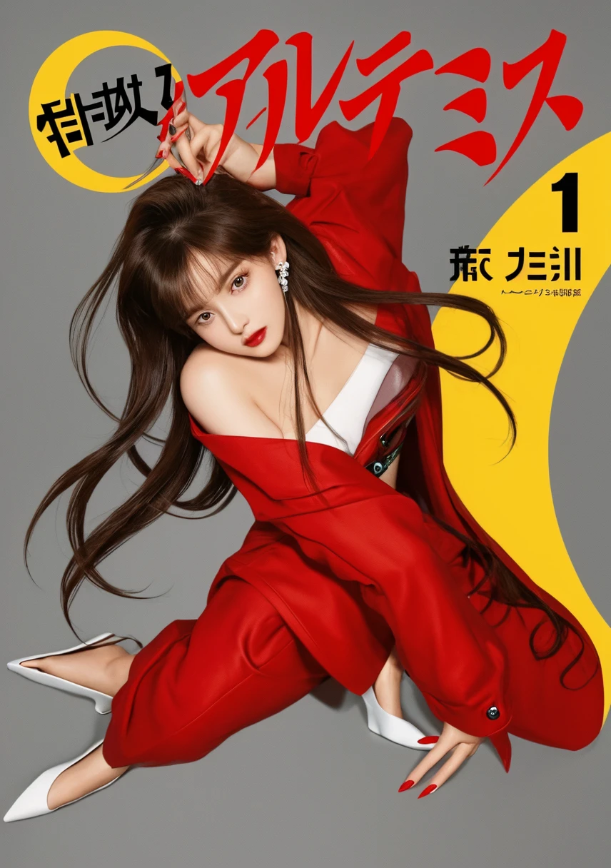 flat style, flat colors, 1girl,(looking at camera), side view, samurai girl, black hair, long hair, ponytail, seducing viewer, hearts, female focus, off-shoulder kimono, posing, suggestive pose, kneeling, red theme, (red) and black background, magazine cover, helvetica bold concept art expressiveh