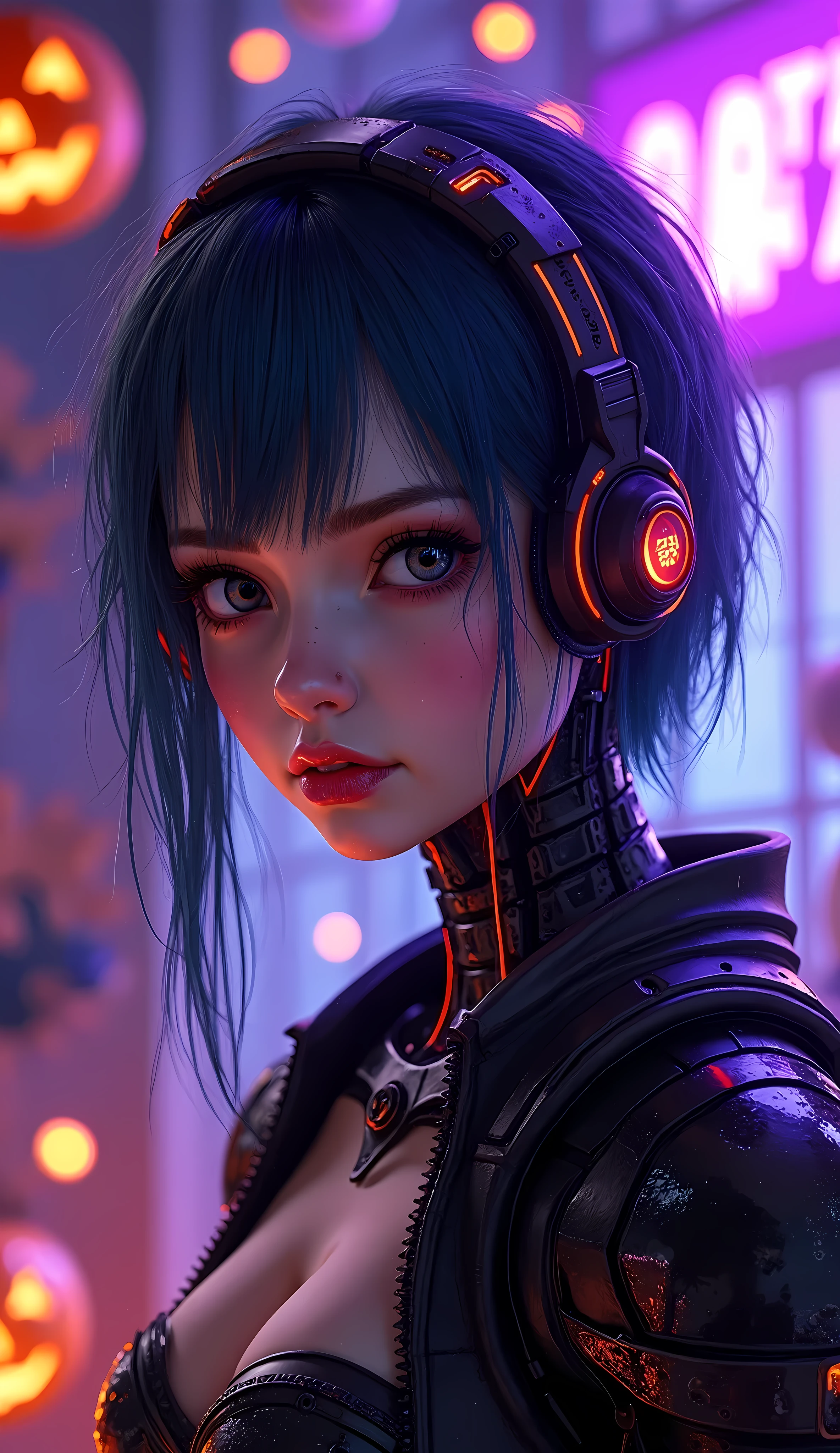 Happy Halloween, Cyberpunk Cyborg Girl,(1 Female),Jack-o'-lantern,witch, HALLOWEEN DECORATION  ,Transparent purple overlay,photoRealistic,8k,Advanced Details,masterpiece,( best quality,4K,8k, High Resolution ,masterpiece:1.2),Super detailed,(Realistic,photoRealistic,photo-Realistic:1.37), High Resolution ,超 High Resolution , Studio Lighting ,Fine painting,Sharp focus, Physically Based Rendering,  EXTREME DETAIL DESCRIPTION ,professional,Vibrant colors,Bokeh,Portraiture, concept artist ,Dark fantasy, feel-good lighting