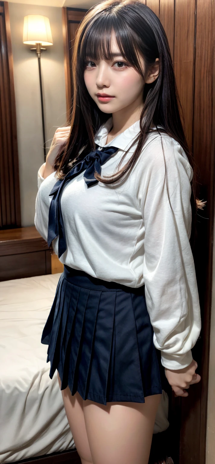 masterpiece, best quality, illustration, Super detailed, fine details, High resolution, 8K,wall paper, perfect dynamic composition,(Details High quality, realistic depiction of eyes:1.3), standing, straight hair, Black Sailor Uniform, serafuku, Navy pleated skirt, huge breasts, black hair color, Big Natural Color Lip, bold sexy pose, gal.safetensors, crying a little、 Harajuku style、20 year old girl、cute type、ta、beautiful legs, hotel room, full body photo、focus on crotch, hposing Gravure Idol