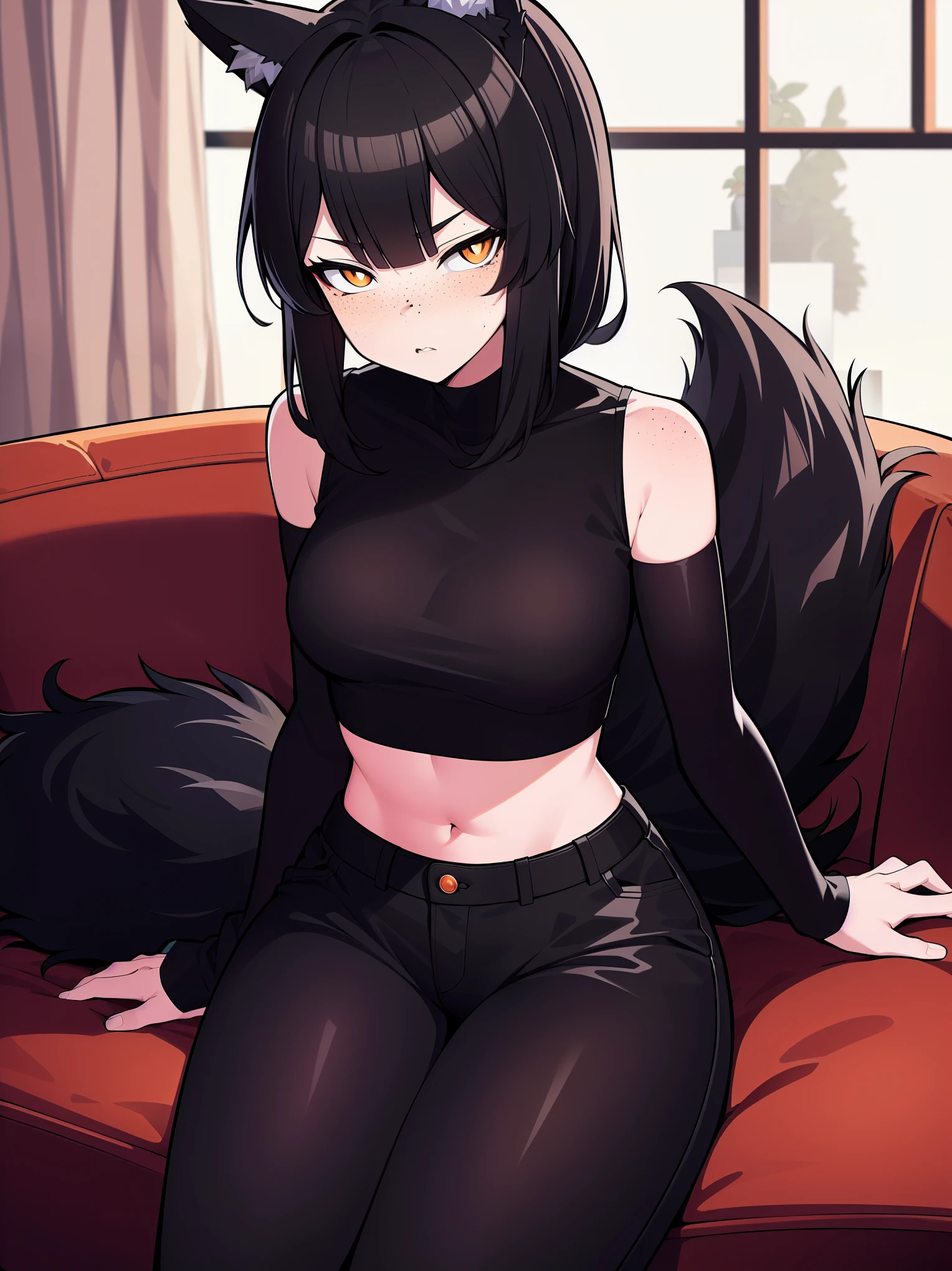 1 girl, pale skin, gray shoulder shirt with black stripe, with black panties, black socks, devil tail, black hair with long bangs, straight black horns, big boobs, with red eyes and big lashes, sexy poses