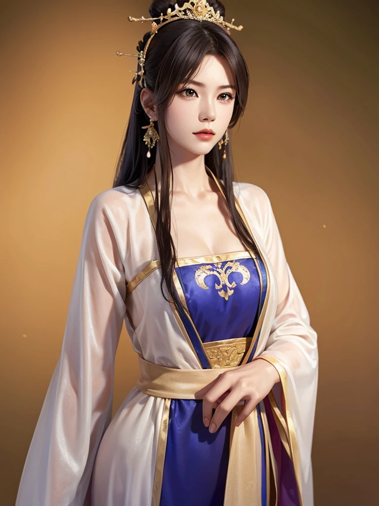 ancient chinese princess ， A girl wearing Hanfu, visual audience，,  beautiful girl 、Delicate body, Exquisite Eyes , Big 、Long hair,、Hair accessories Han Dynasty、Eternal,whole body、Lower Body，Three Kingdoms， (solid color background,,  simple background), Smoky environment, Adds a touch of mystery and drama to the scene. Soft and even lighting, Casts soft shadows, Create an atmosphere of seriousness and focus.