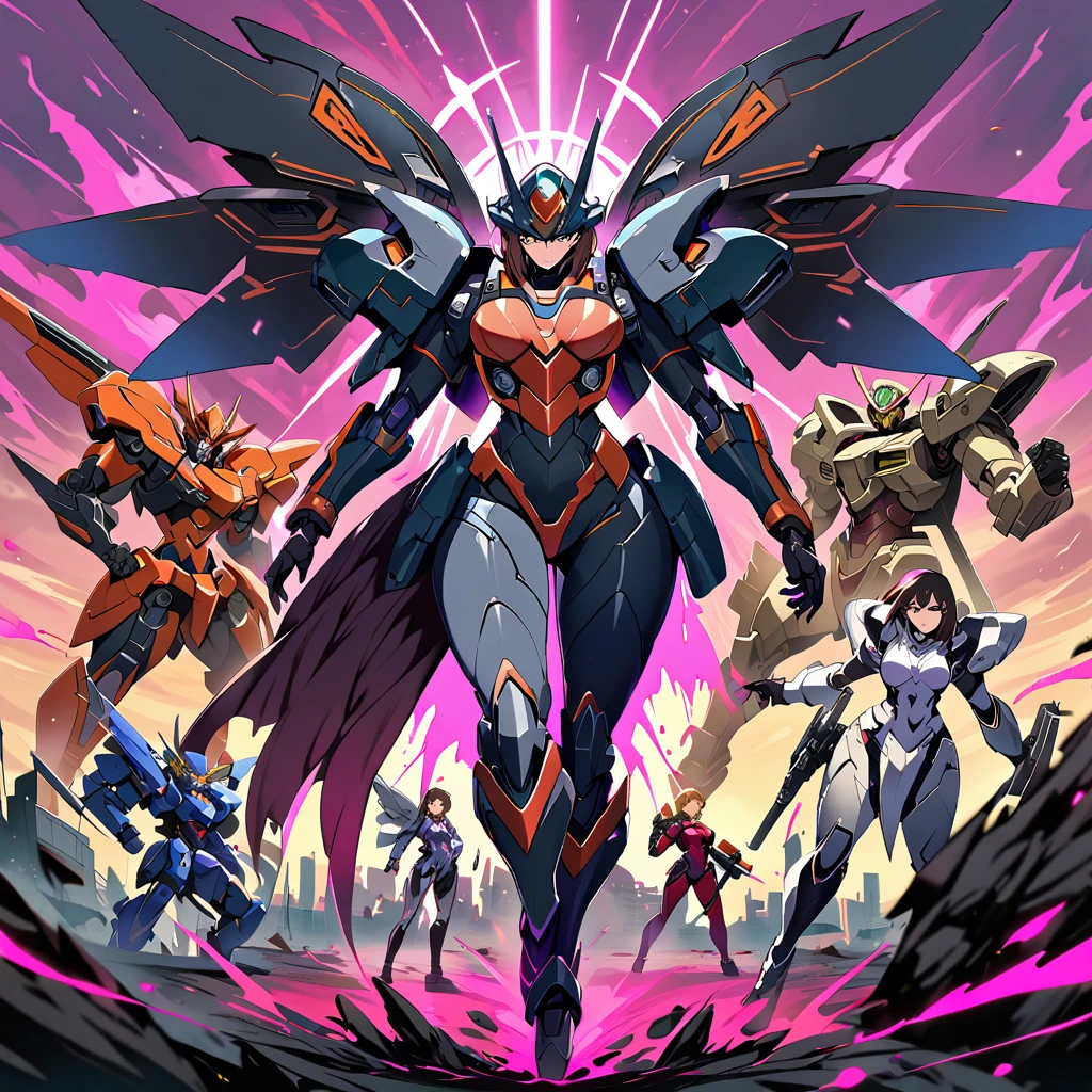 Anime, high detailed, multiple womans, mature womans, shiny-like mecha armor, large mechanical wings, large Gauntlet, serious, curvy body, long mechanical wings, mecha weapons、Colored armors、magenta Colored aura、BLUE Eyes, elongated pupils,  Mature Woman、magenta aura、womans surrounding, background a crumbled city