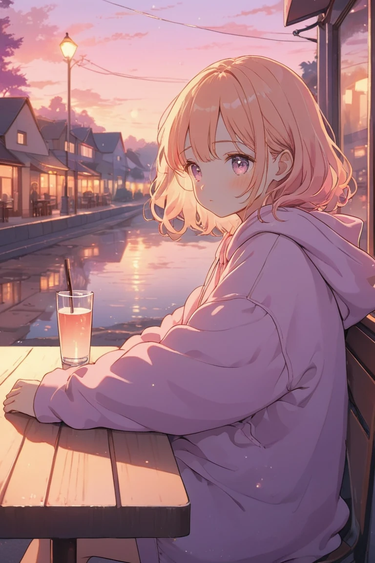 masterpiece, best quality, ultra-detailed, lofi-style illustration with soft purple, pink, and orange hues. A peaceful scene of a young girl sitting alone at an outdoor café in the evening, bathed in the warm glow of a setting sun. Her hair is short and gently tousled, reflecting the soft purple and pink light from the sky. She wears a cozy oversized hoodie, blending in with the soft tones of the background. The table in front of her has a nearly empty glass with a straw, catching the soft glow of the setting sun. The background features soft, blurred trees, and distant lights from streetlamps and buildings, casting a gentle orange glow. The sky is filled with pastel-colored clouds, blending into pink and purple hues as the sun sets, creating a dreamy, nostalgic atmosphere. The entire scene is infused with warm, soft light, evoking a calm and serene feeling, perfect for lofi music or study ambiance. 