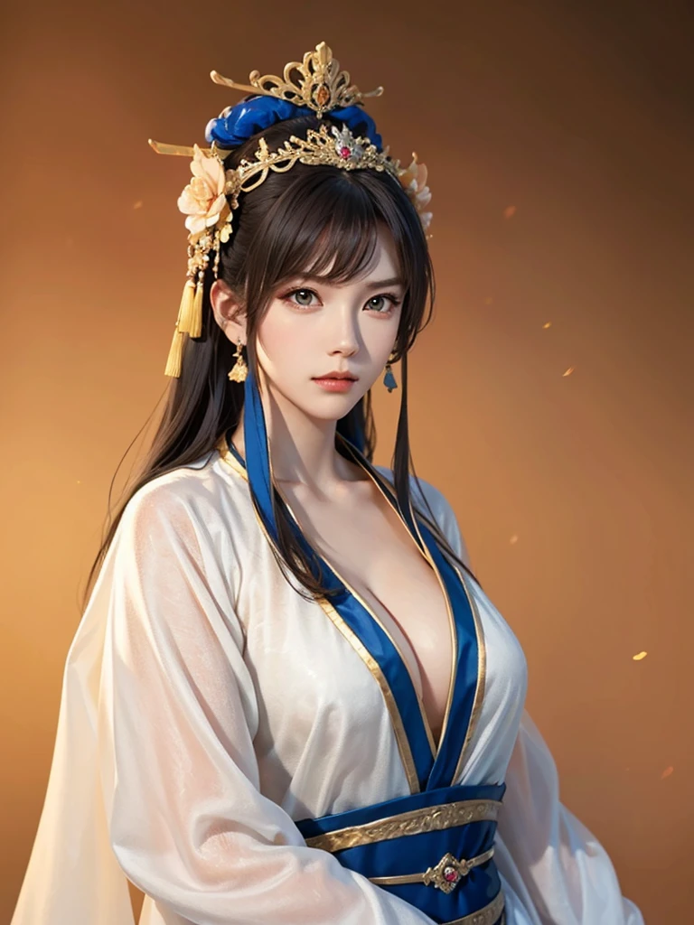 ancient chinese princess ， A girl wearing Hanfu, visual audience，,  beautiful girl 、Delicate body, Exquisite Eyes , Big 、Long hair,、Hair accessories Han Dynasty、Eternal,whole body、Lower Body，Three Kingdoms， (solid color background,,  simple background), Smoky environment, Adds a touch of mystery and drama to the scene. Soft and even lighting, Casts soft shadows, Create an atmosphere of seriousness and focus.