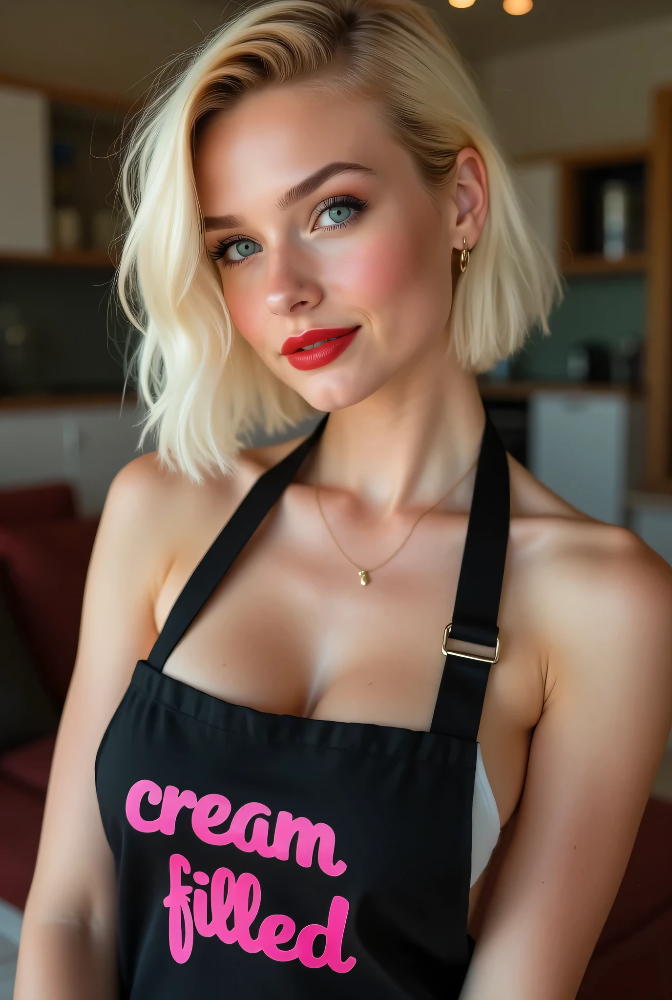 a closeup portrait of a playful maid, undercut hair, apron, amazing body, pronounced feminine feature, busty, kitchen, pink hair, freckles, flirting with camera <lora:AnyaTaylorJoy:0.65>