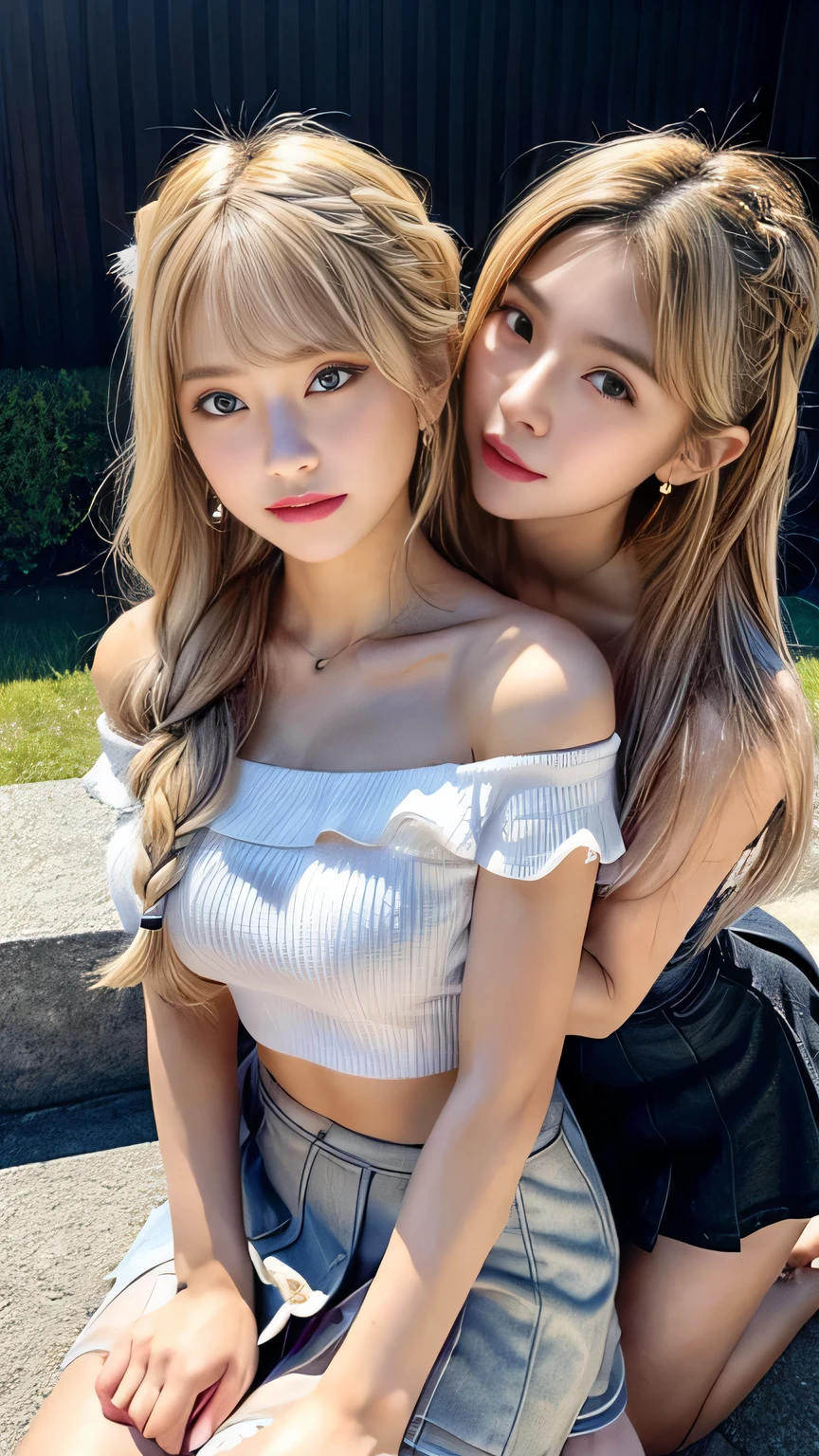 (2 girls), Indonesian baby face, 12 years, smile ,white skin, Round breast, blue eyes, meadow, silver hair, 8K, The details are very realistic....., The best of photography Short skirt and red knitted off-shoulder top. ((round chest)