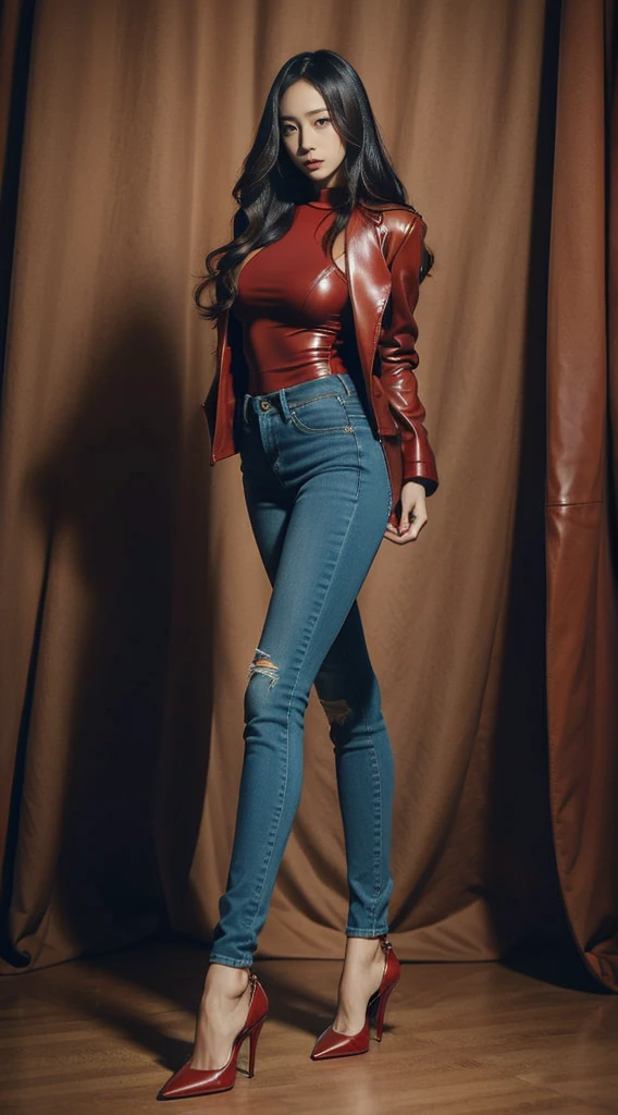 8k HD good quality image. Hot Korean woman has an ideal body, big breast, big butt, sexy wavy body, straight long hair, wearing a red leather jacket, wearing red tight polo, tight skinny blue jeans, and red high heels. FULL BODY FROM HEAD TO TOE. FULL HEIGHT FROM HEAD TO TOE. 

The picture must show a complete head to toe picture of the hot Korean