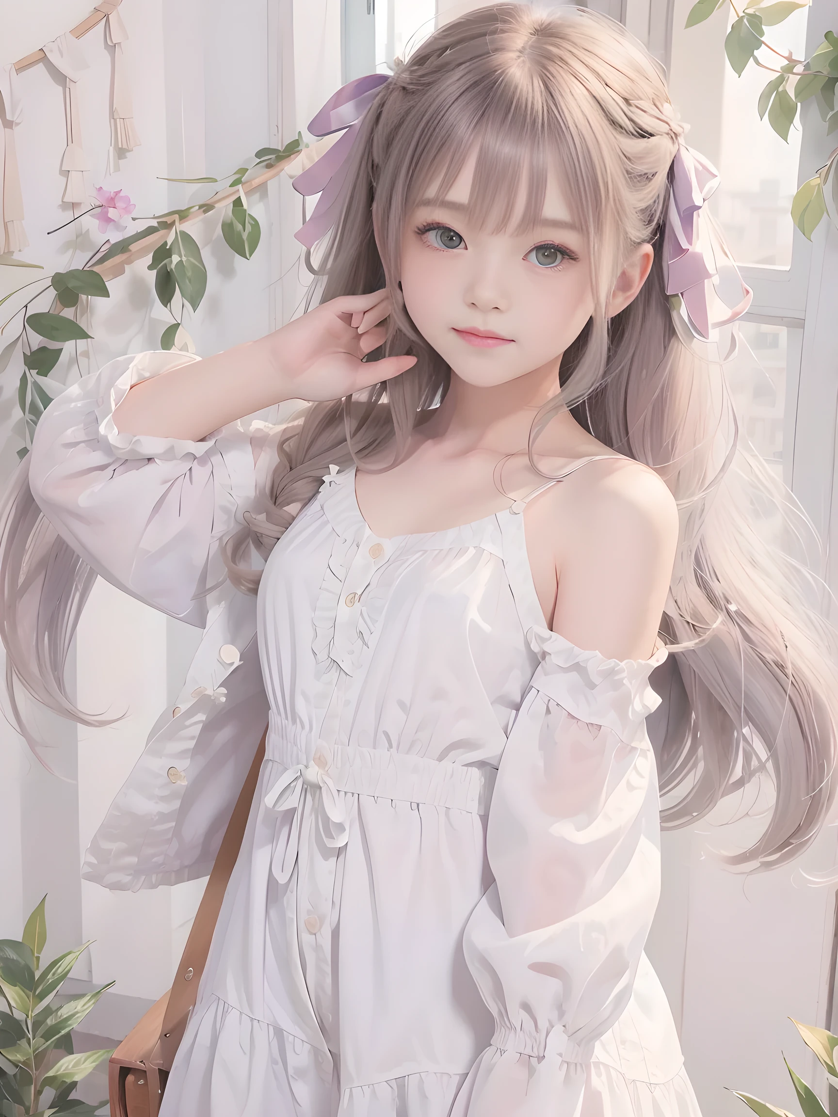 (masterpiece、Best Quality、Best Quality、beautiful, beautiful:1.2)、 simple background、From afar、（Watercolor 1.5）、 curly hair、 half up twin tail、 Hair Ribbon、 1 girl、smile、( fractal art :1.3)、Blonde、Silk camisole、